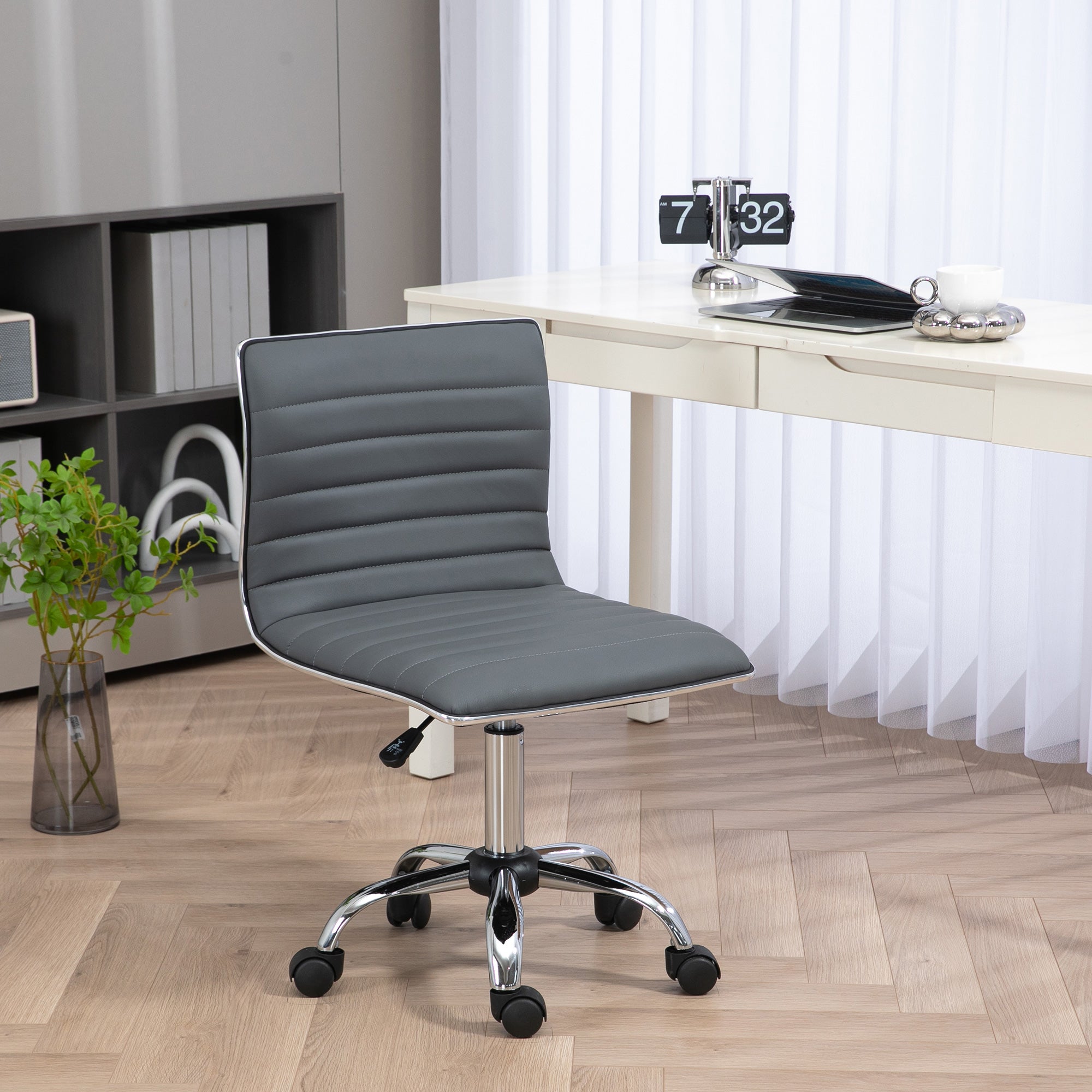 HOMCOM Adjustable Swivel Office Chair with Armless Mid-Back in PU Leather and Chrome Base - Dark Grey - North Peak Garden Furniture