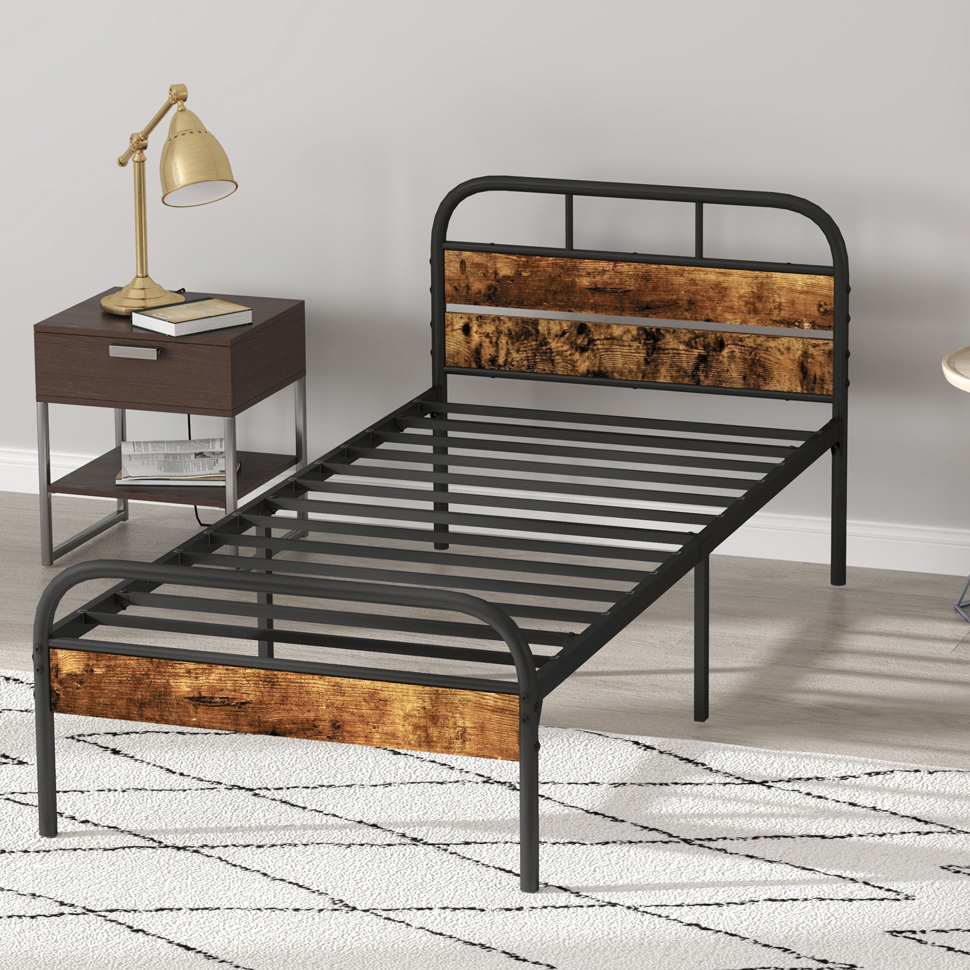 HOMCOM Industrial-Style Single Bed Frame - Black/Brown - North Peak Garden Furniture