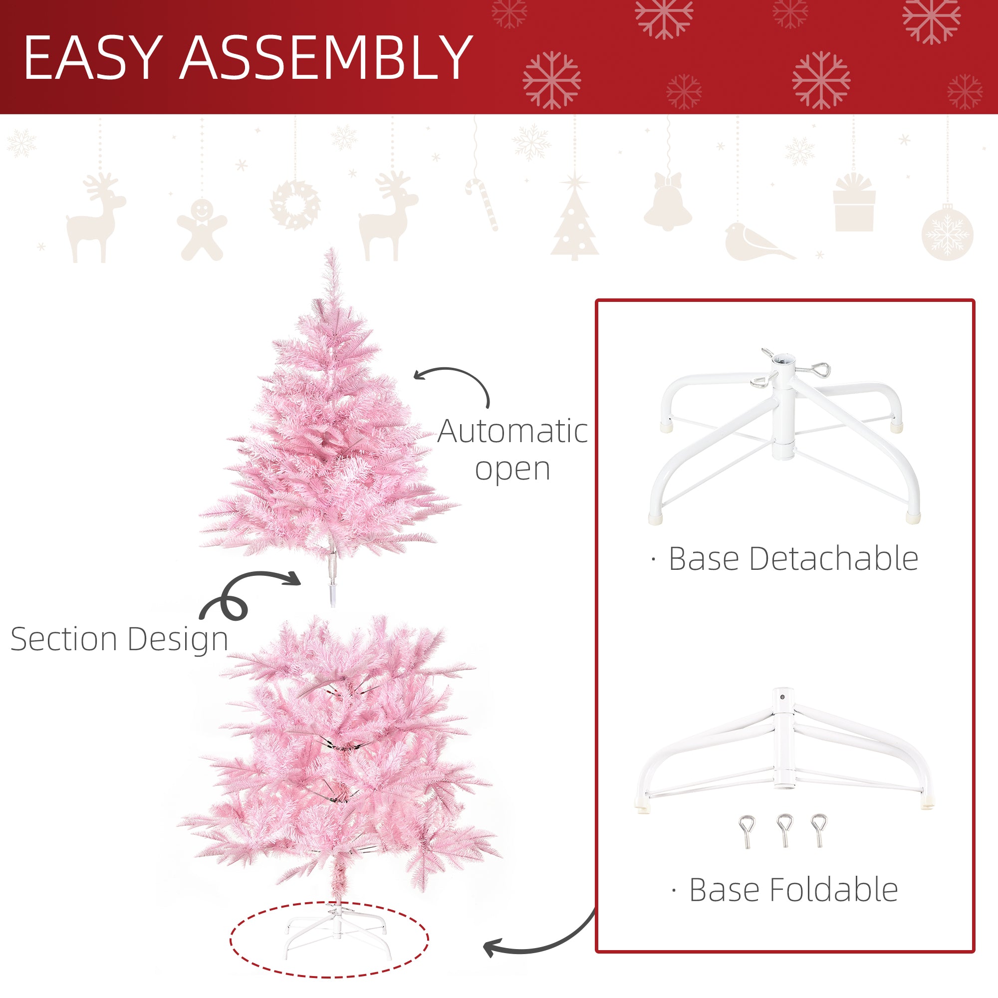 HOMCOM 5FT Artificial Christmas Tree Holiday Xmas Holiday Tree Decoration with Automatic Open for Home Party, Pink - North Peak Garden Furniture