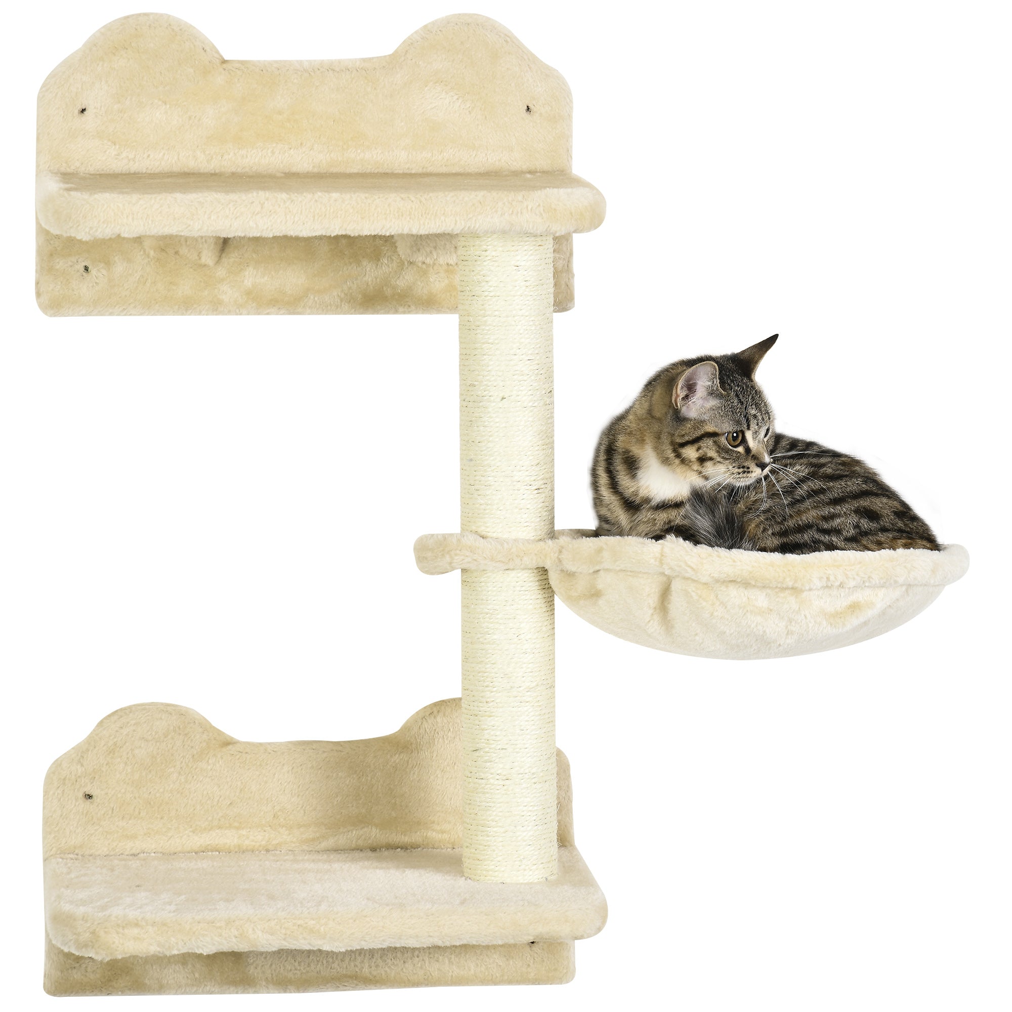 PawHut 4 Piece Cat Shelf with Scratching Post, Wall-Mounted Cat Tree for Indoor Cat - Beige - North Peak Garden Furniture