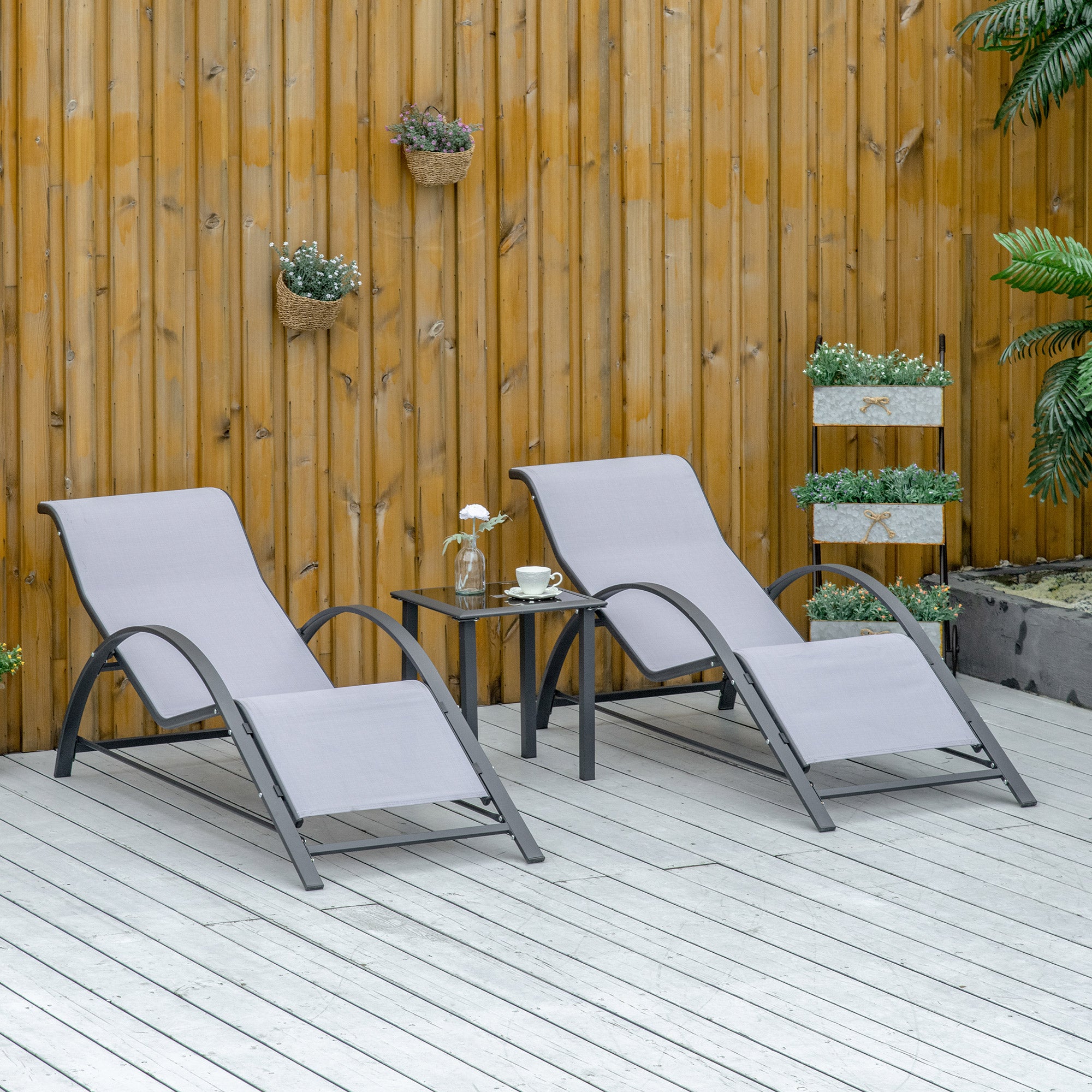 Outsunny 3 Pieces Lounge Chair Set Metal Frame Garden Outdoor Recliner Sunbathing Chair with Table, Light Grey - North Peak Garden Furniture