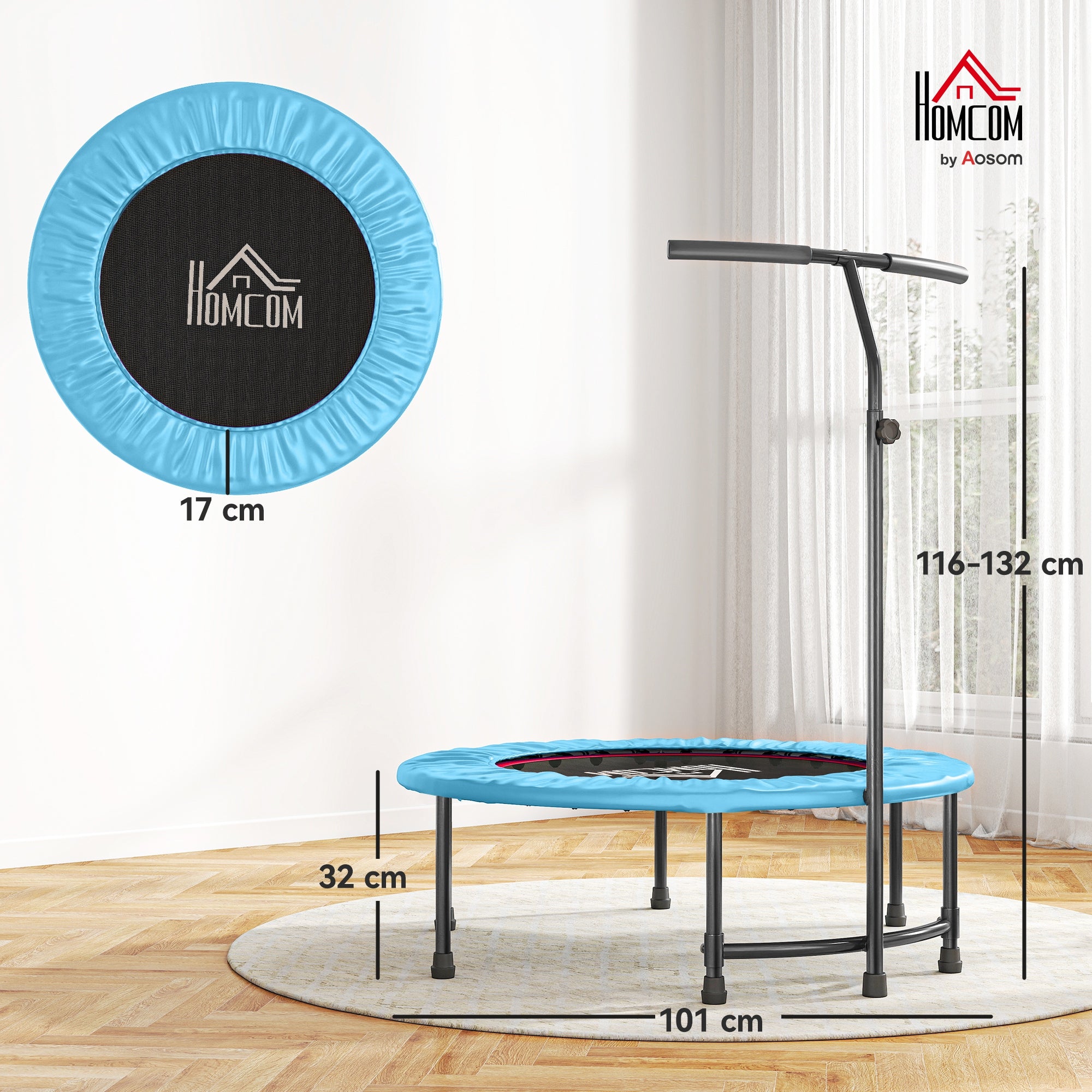 HOMCOM 40'' Fitness Trampoline with Adjustable Handle, Rebounder Trampoline Mini Jumper for Indoor Exercise Workout, Support Up to 100kg, Blue