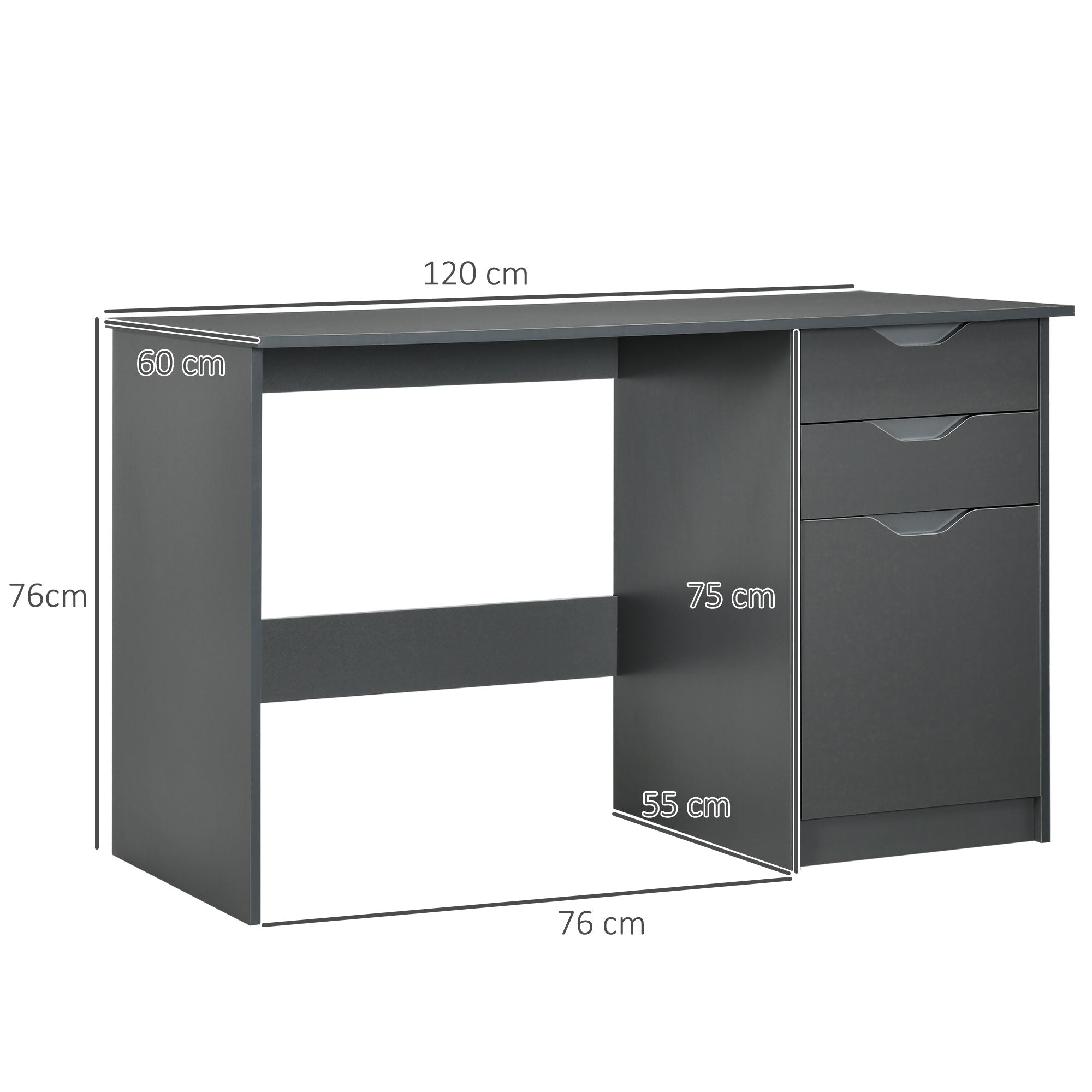 HOMCOM Computer Desk with Drawers, High Gloss Home Office Desk with Storage Cabinet, Study Workstation, 120 x 60cm, Grey - North Peak Garden Furniture