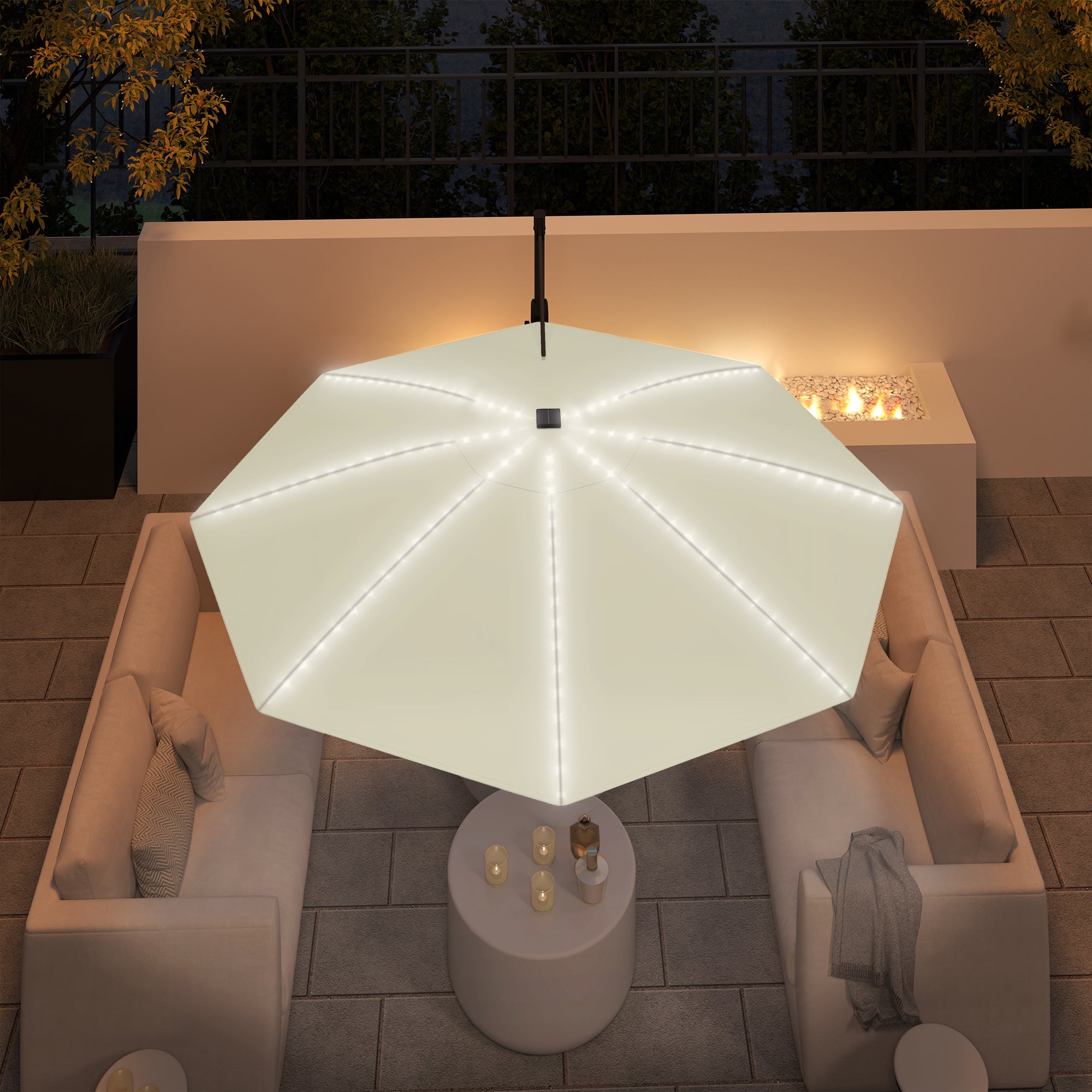 Outsunny 3(m) Cantilever Garden Parasol with Solar Powered Lights, Crank Handle & Cross Base, UPF 50+, 360° Rotation, Cream - North Peak Garden Furniture