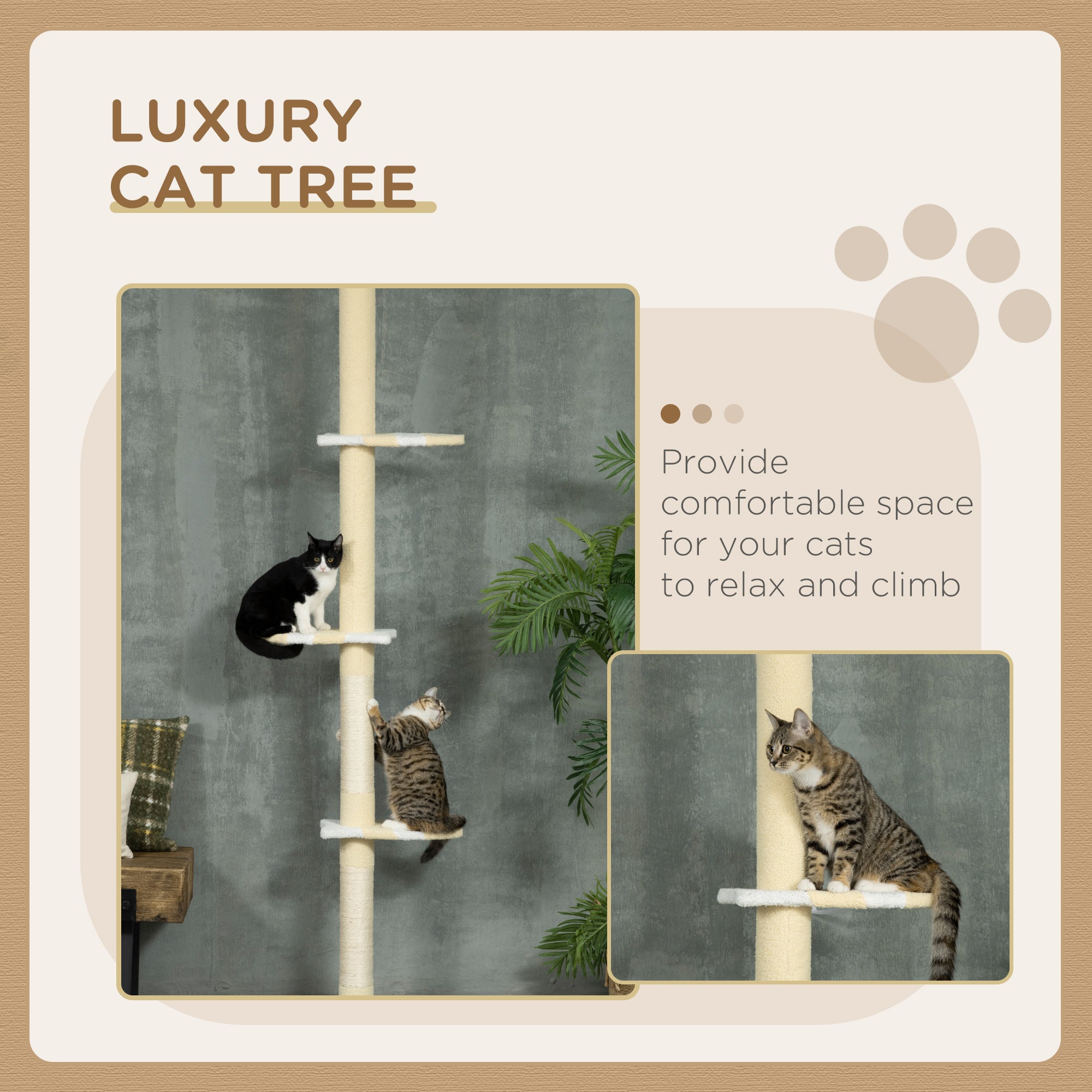 PawHut 260cm Adjustable Floor-To-Ceiling Cat Tree w/ Anti-Tipping Kit, Toy Ball - North Peak Garden Furniture