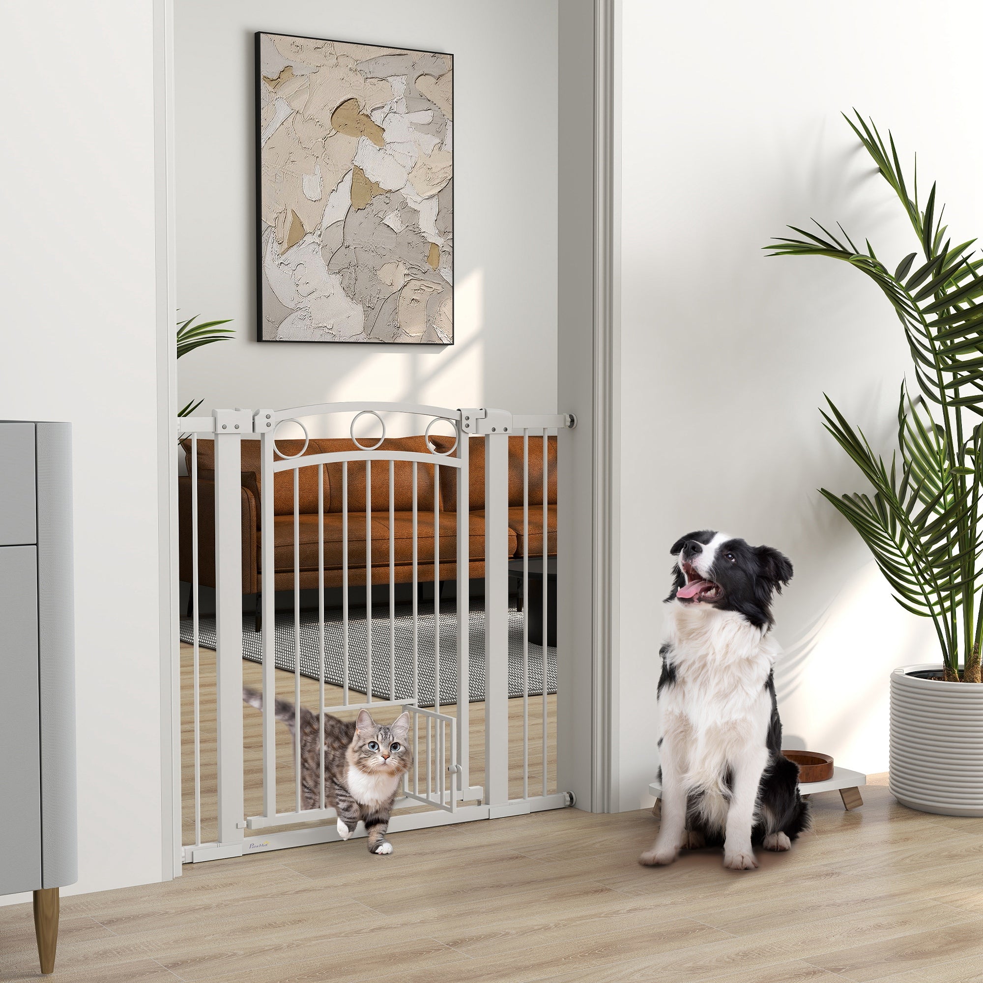 PawHut 96cm Tall Dog Gate with Cat Door, 7cm and 14cm Extensions, for Stairs, Doorways, 76-104cm Width - North Peak Garden Furniture