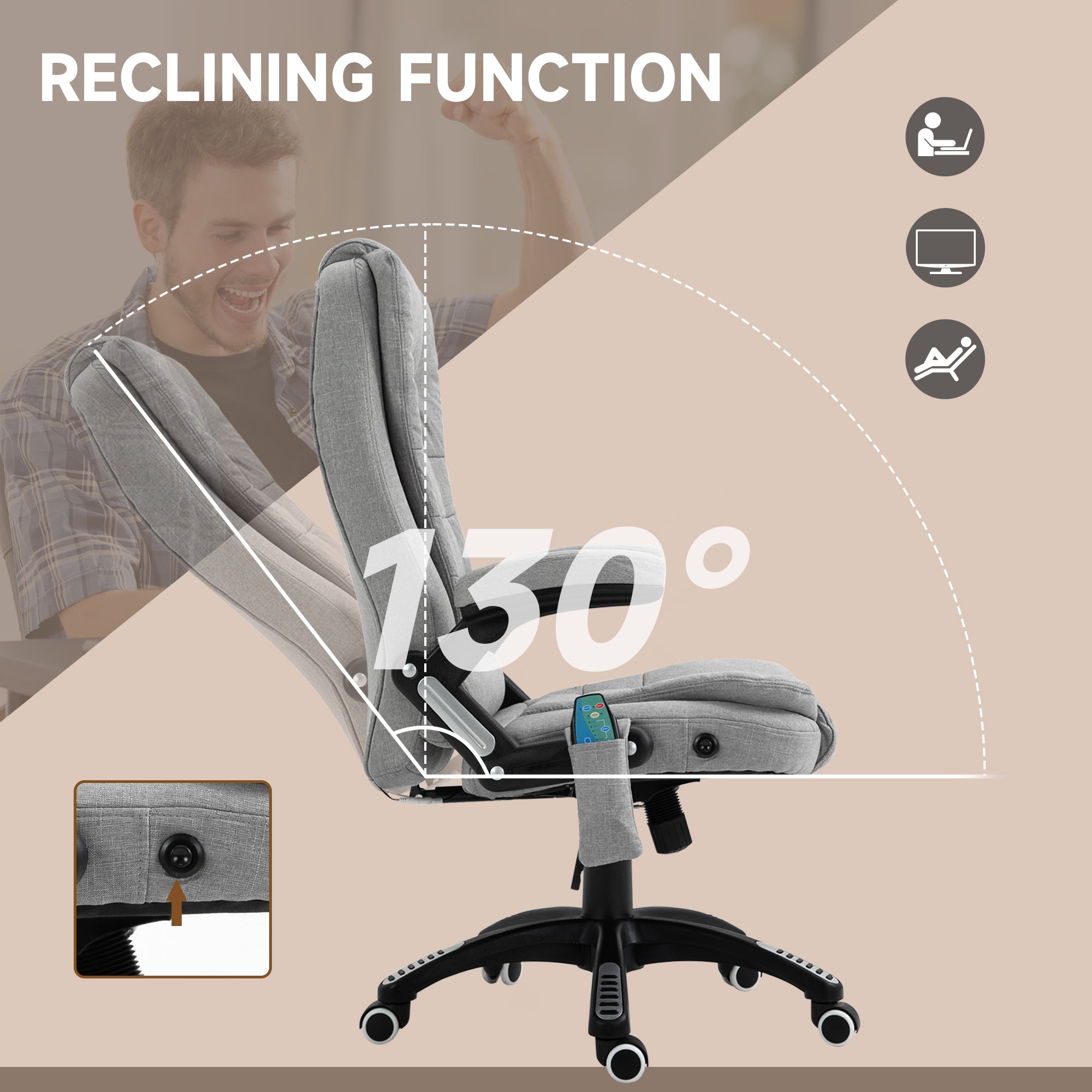 Vinsetto Office Chair, Ergonomic Desk Chair with 6-Point Massage and Back Heated, Linen-Feel Fabric Computer Gaming Chair with Arms, Lumbar Support, Light Grey - North Peak Garden Furniture