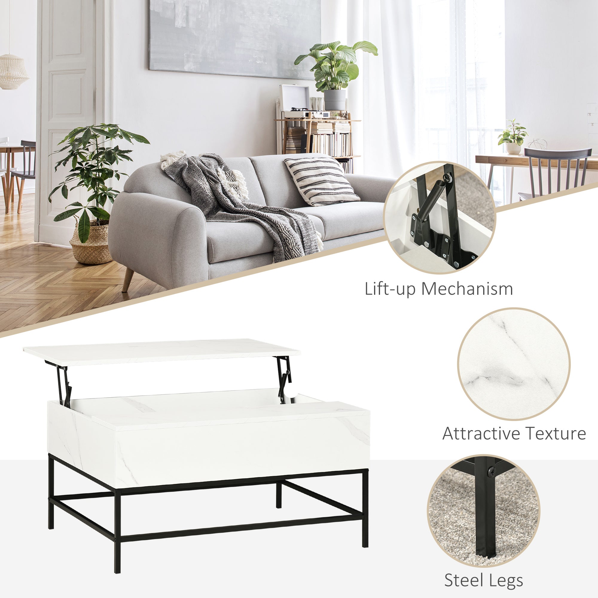 HOMCOM Modern Lifting Coffee Table with Hidden Compartment, Storage Coffee Table for Living Room, Faux Marble White - North Peak Garden Furniture