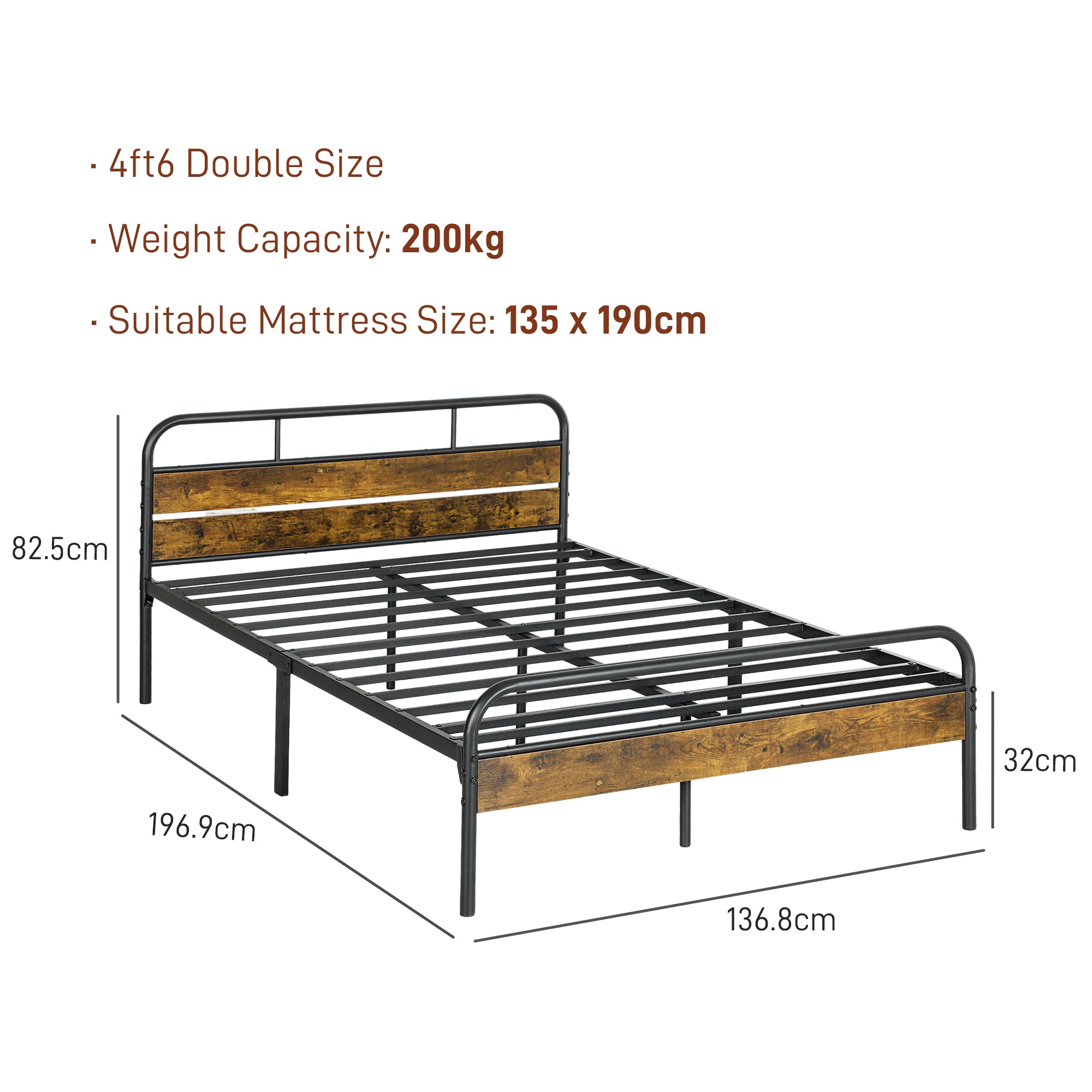 HOMCOM Industrial-Style Double Bed Frame - Black/Brown - North Peak Garden Furniture