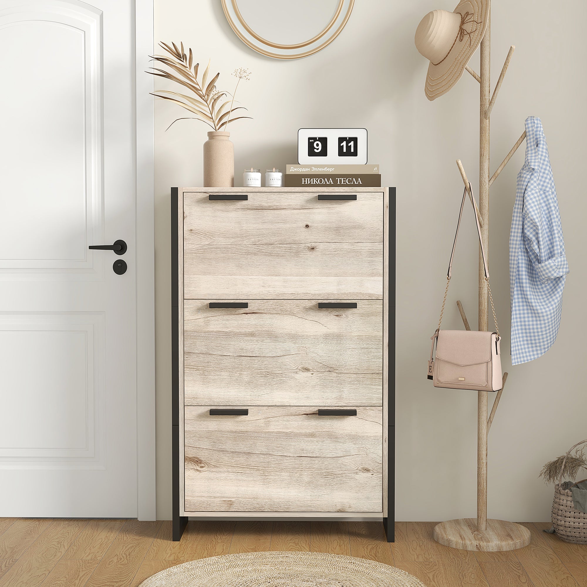 HOMCOM Shoe Storage Cabinet with 3 Flip Drawers Adjustable Shelf 18 Pairs Narrow Shoe Cupboard for Entryway Natural Wood-effect - North Peak Garden Furniture