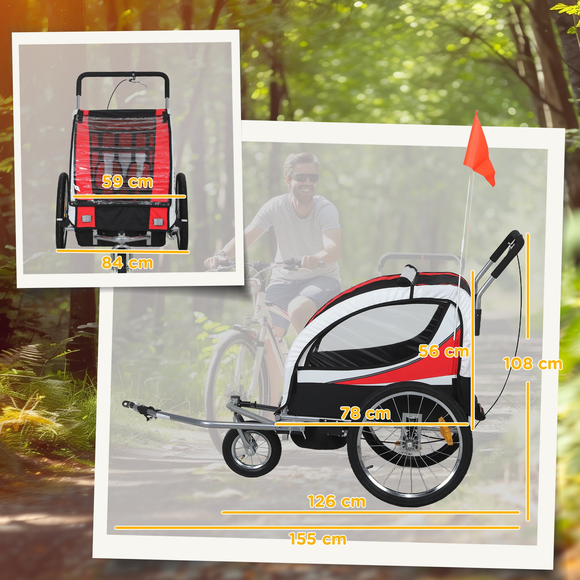 HOMCOM Baby Bike Trailer, Child Bicycle Trailer with 5 Point Harness, Steel Frame, Reflectors, Safety Flag, Hitch Coupler, Red - North Peak Garden Furniture