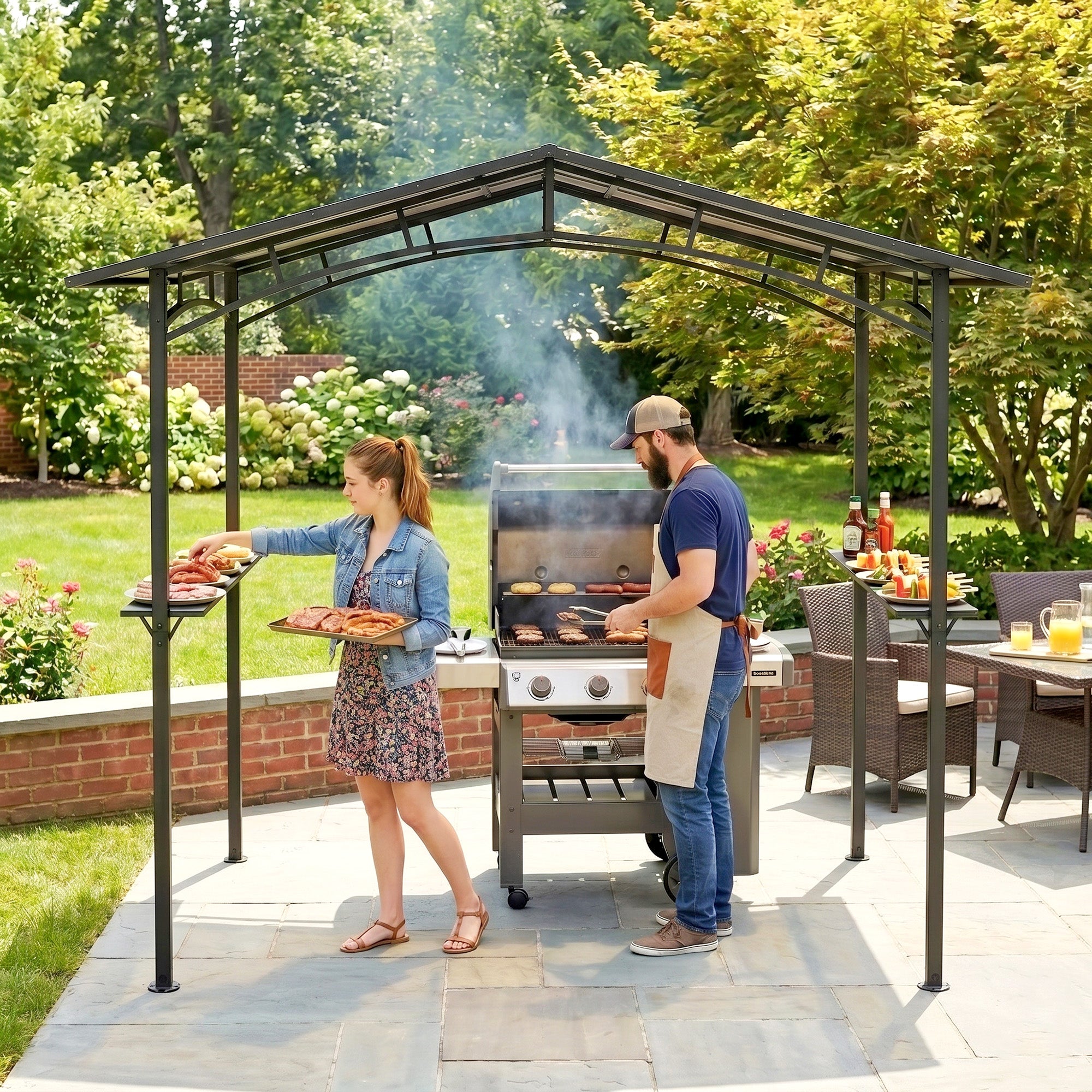 Outsunny 8ft x 5ft Outdoor BBQ Protective Gazebo Tent Aluminium Steel Frame w/ 2 Shelves Hardtop Roof Canopy Ground Stakes Safe Cooking