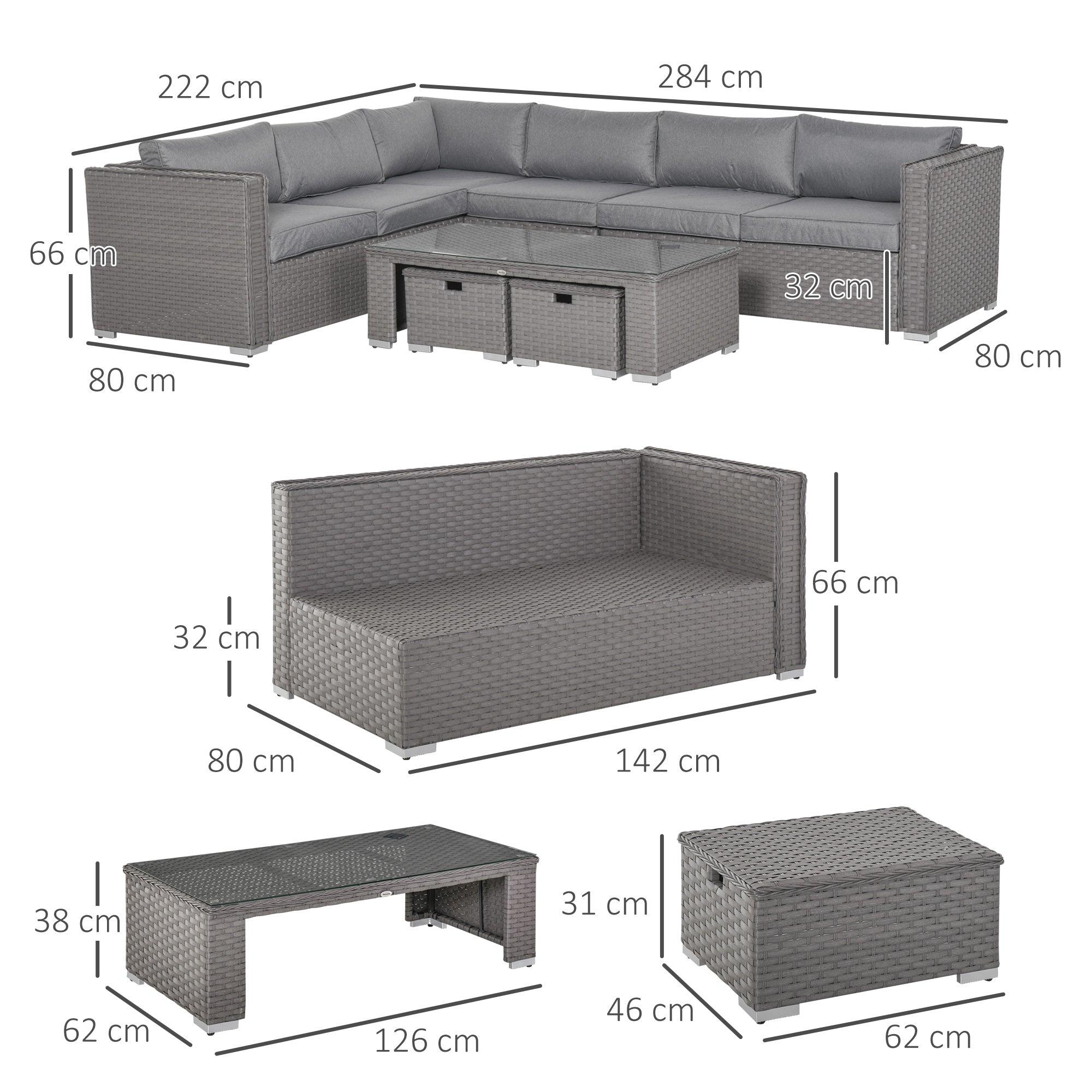 Outsunny 6 Pieces Outdoor PE Rattan Wicker Corner Sofa Set with 10cm Thick Padded Cushions, Aluminium Conservatory Furniture with Glass Top Coffee Table, Footstools, Grey - North Peak Garden Furniture