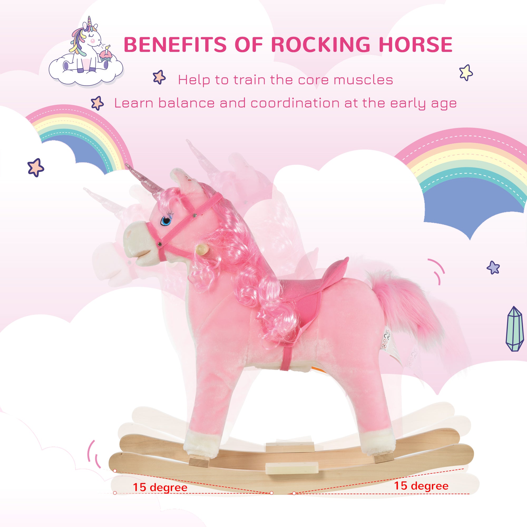 HOMCOM Kids Plush Rocking Horse Ride On Unicorn w/ Sound Moving Mouth Wagging Tail Children Rocker Toy Gift 3-6 Years Pink - North Peak Garden Furniture