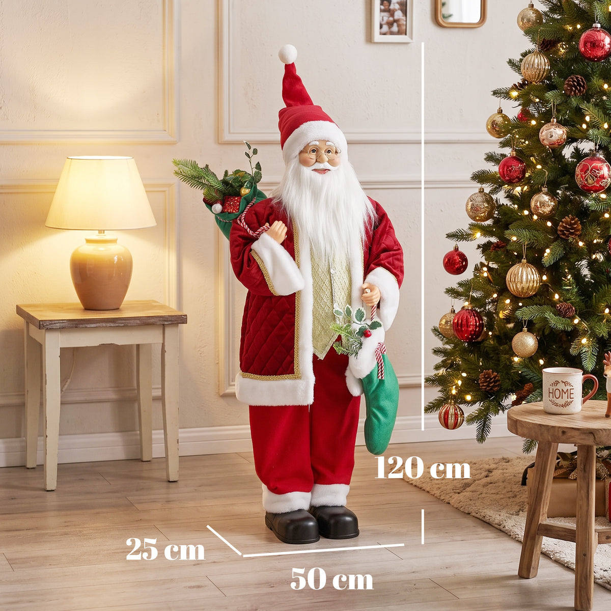 HOMCOM 4ft Life Size Singing Dancing Santa Claus, 120 cm Standing Musical Animated Santa with Stocking, Sack, Posable Arms, Handcrafted, Sound Touch Activated, Moving Christmas Figure Decor