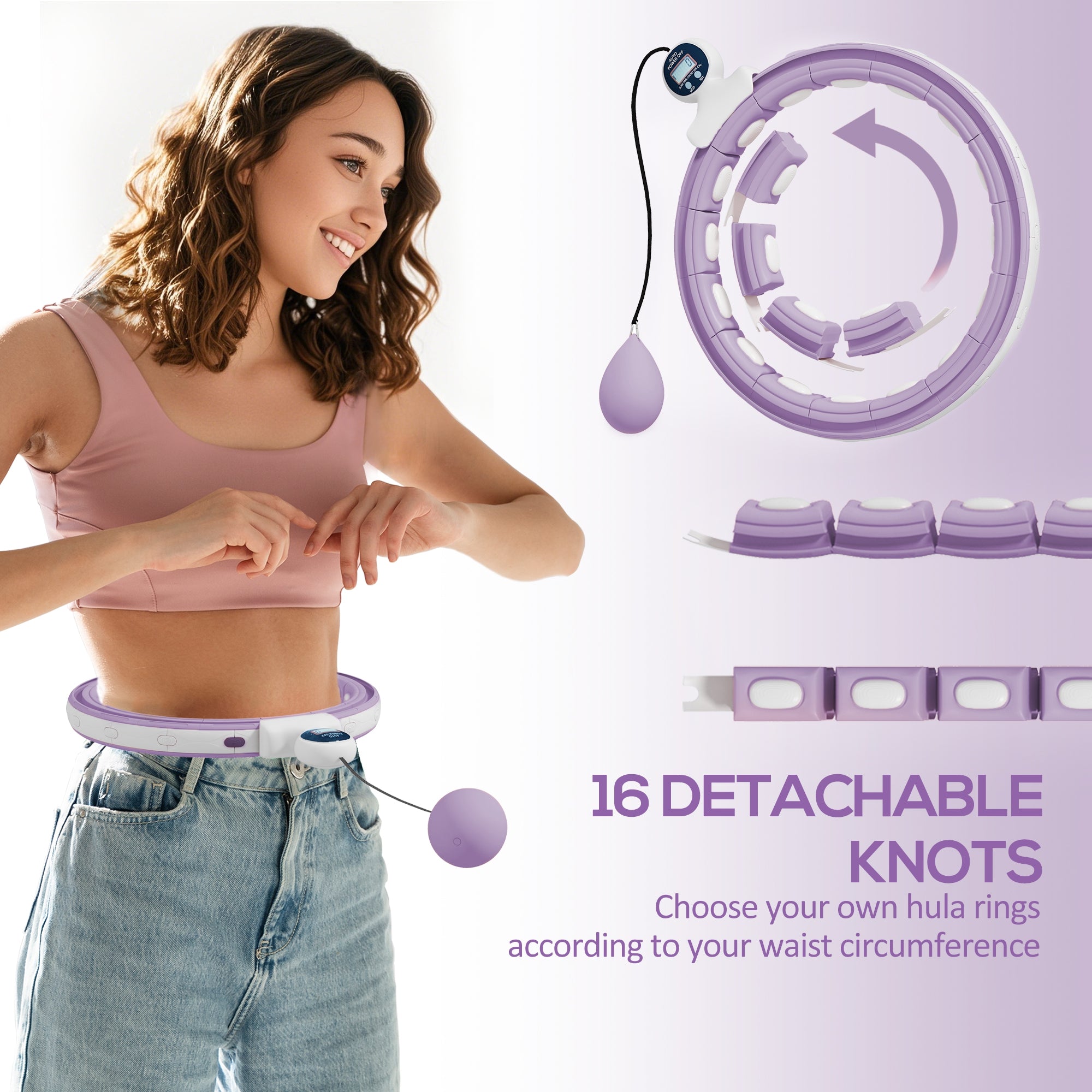 SPORTNOW Smart Weighted Hula Hoop, Massage Hula Ring w/ 16 Detachable Knots, 360° Auto-Rotating Ball, Digital Counter, Purple - North Peak Garden Furniture