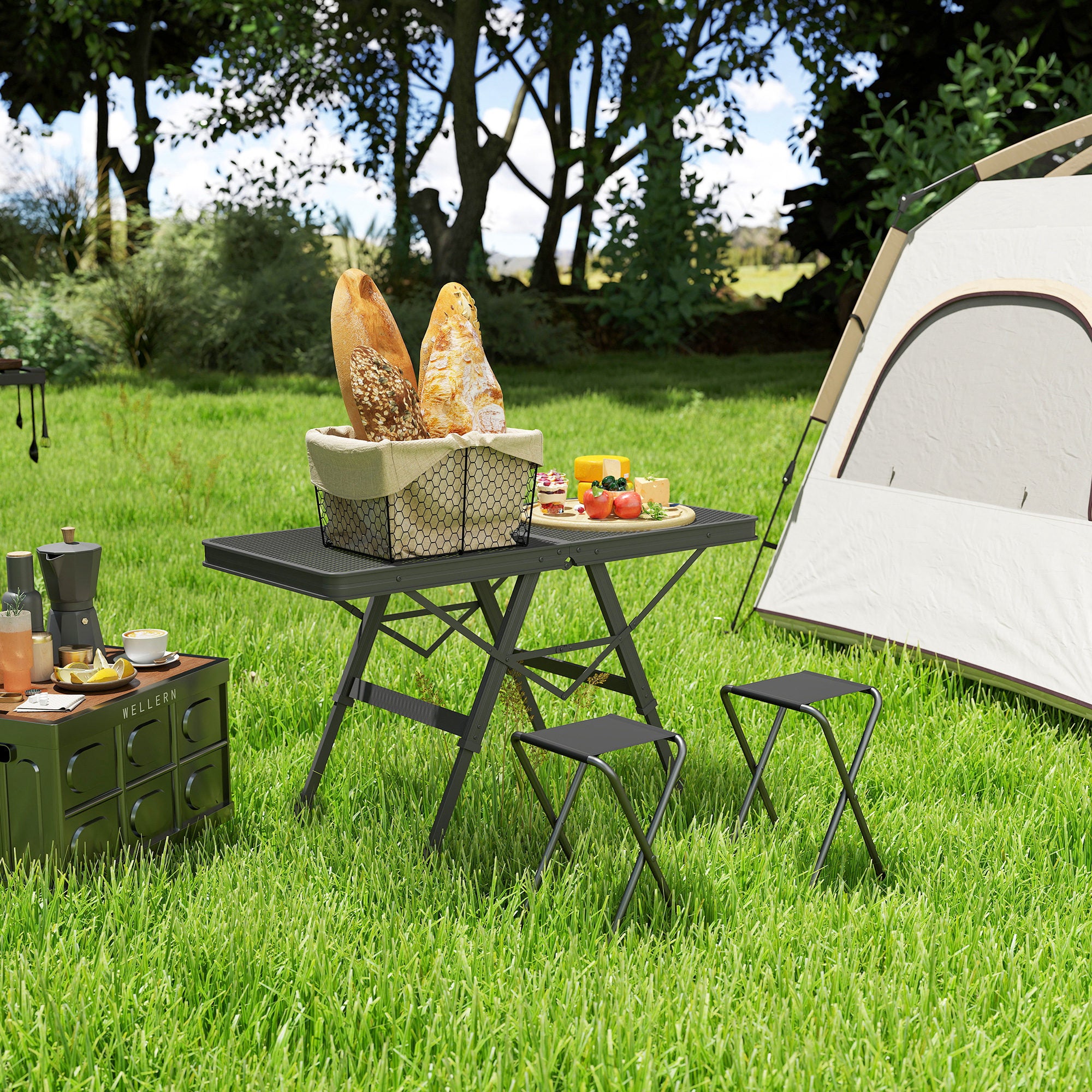 Outsunny 3 ft Folding Camping Table w/ Adjustable Heights, Portable Lightweight Outdoor Folding Picnic Table with Metal Mesh Desktop & Aluminium Legs for Picnic, Garden, Party, Black - North Peak Garden Furniture