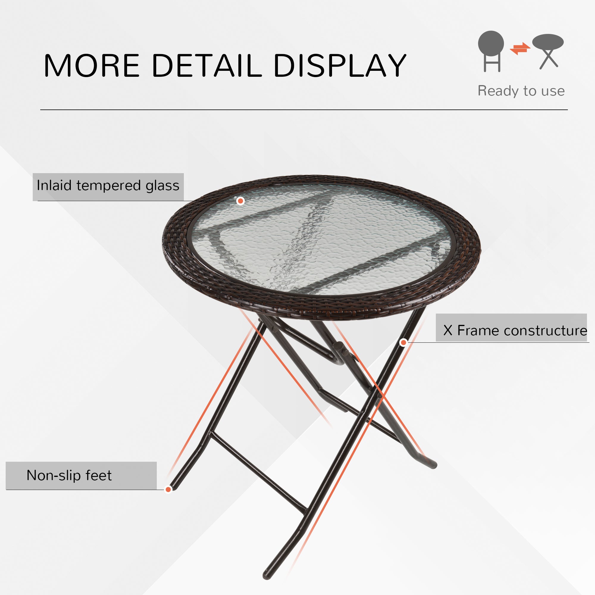 Outsunny Folding Round Tempered Glass Metal Table with Brown Rattan Edging - North Peak Garden Furniture