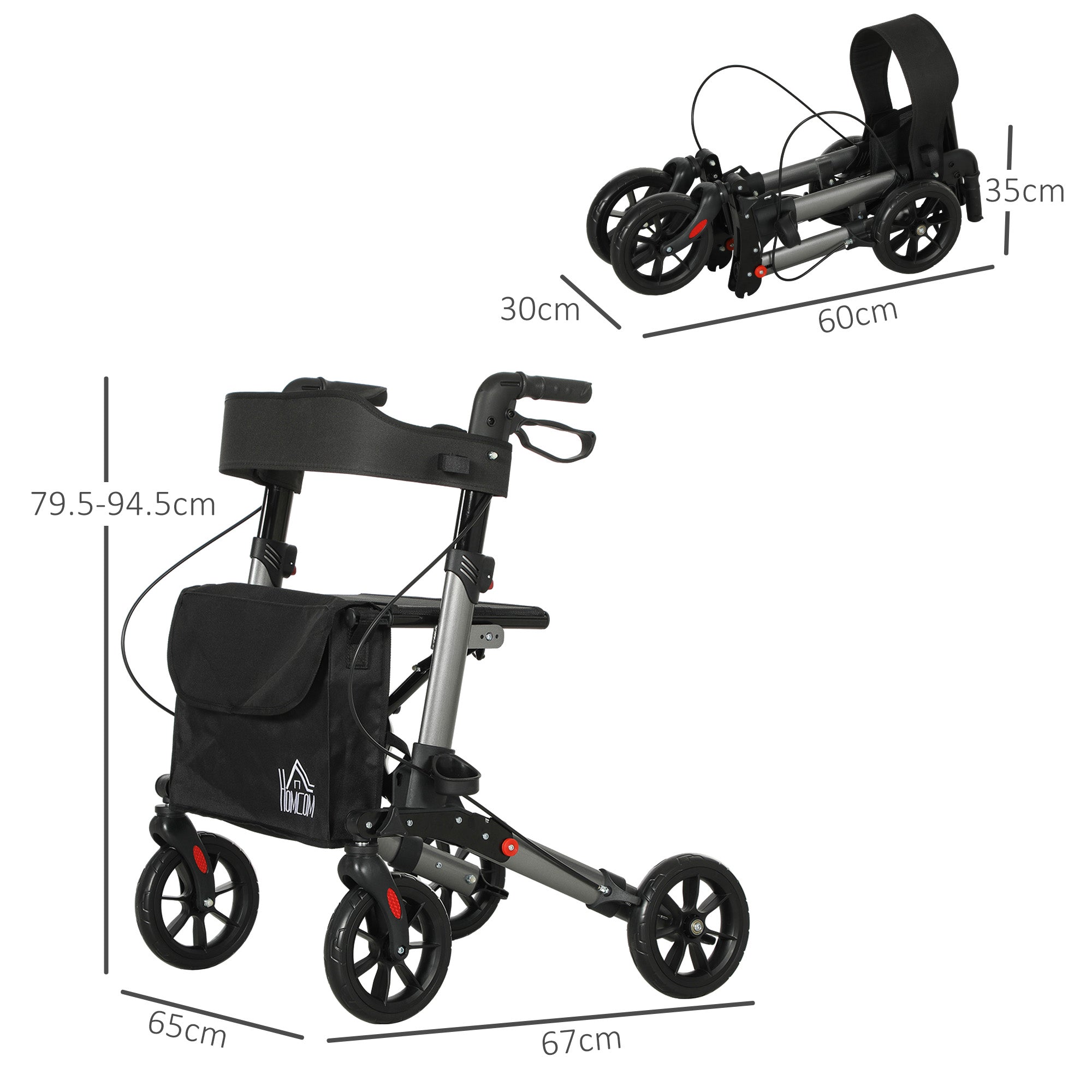 HOMCOM 4 Wheel Rollator with Seat and Back, Folding Mobility Walker with Carry Bag, Adjustable Height, Dual Brakes, Cane Holder, Lightweight Aluminium Walking Frame for Seniors and Disabled, Silver