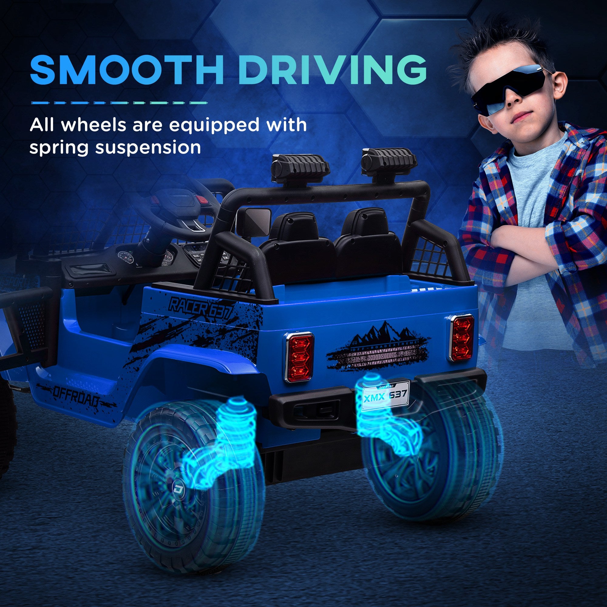 AIYAPLAY 12V Battery Powered Kids Ride On Car, Electric Truck w/ Spring Suspension, Remote, Music Horn Lights - Blue