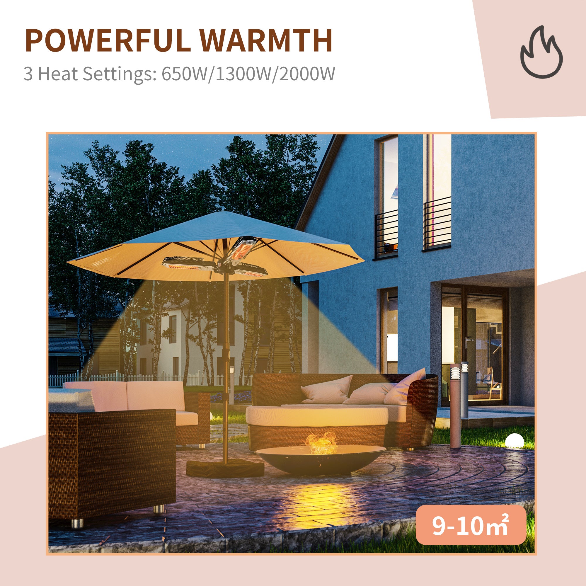 Outsunny Electric Umbrella Parasol Mounted Infrared Heater 2000W Patio Gazebo Outdoor Use - North Peak Garden Furniture