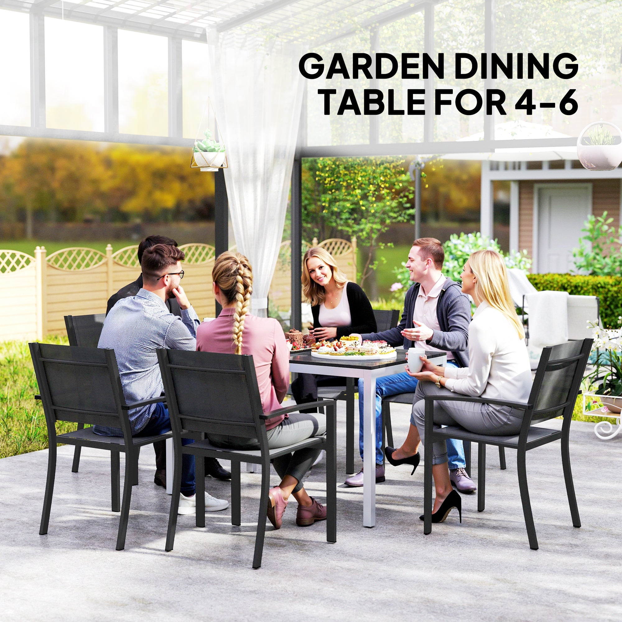 Outsunny Garden Table for 4-6, 120 x 70 cm Outdoor Dining Table with Rust-Resistant Aluminium Frame, Easy Maintenance Slatted Top, for Patio, Terrace, Balcony, Black - North Peak Garden Furniture