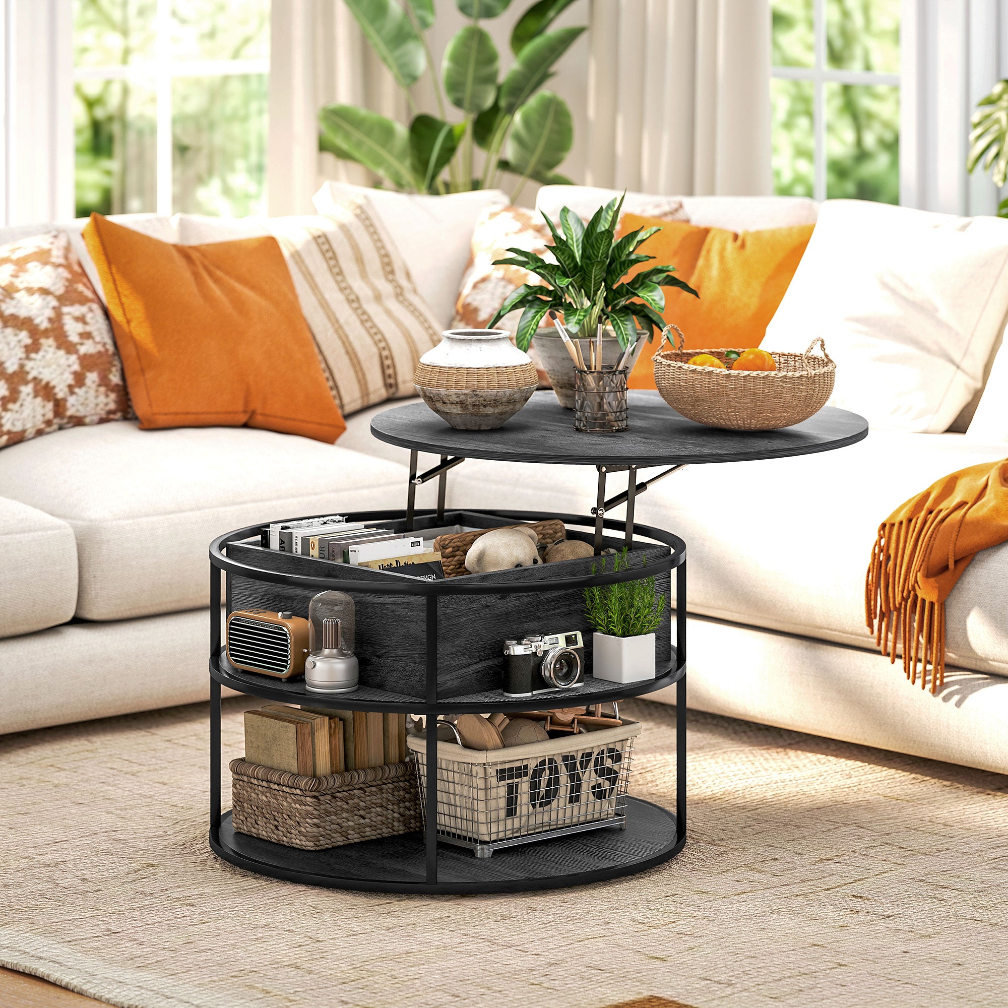 HOMCOM Lift Top Coffee Table, Round Coffee Table with Storage Shelf, Hidden Compartment and Steel Frame for Living Room, Home Office, Charcoal Grey - North Peak Garden Furniture
