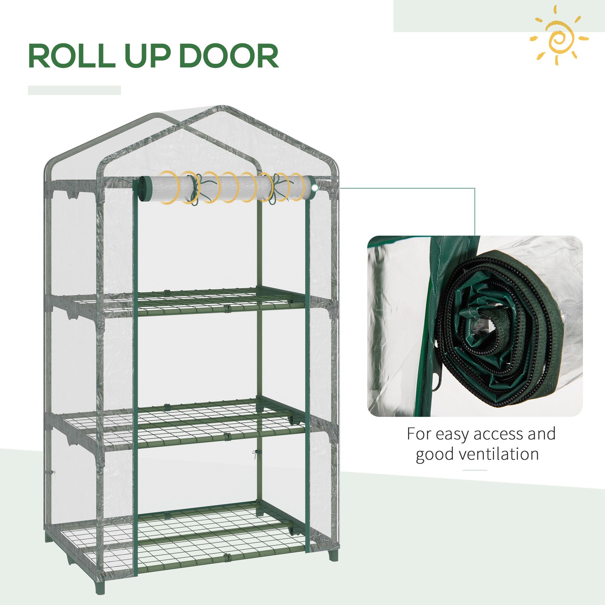 Outsunny Mini Greenhouse Shelving Unit: Clear PVC Panels for Plant Nurturing, Roll-Up Door, 69Lx49Wx125H cm | Aosom UK