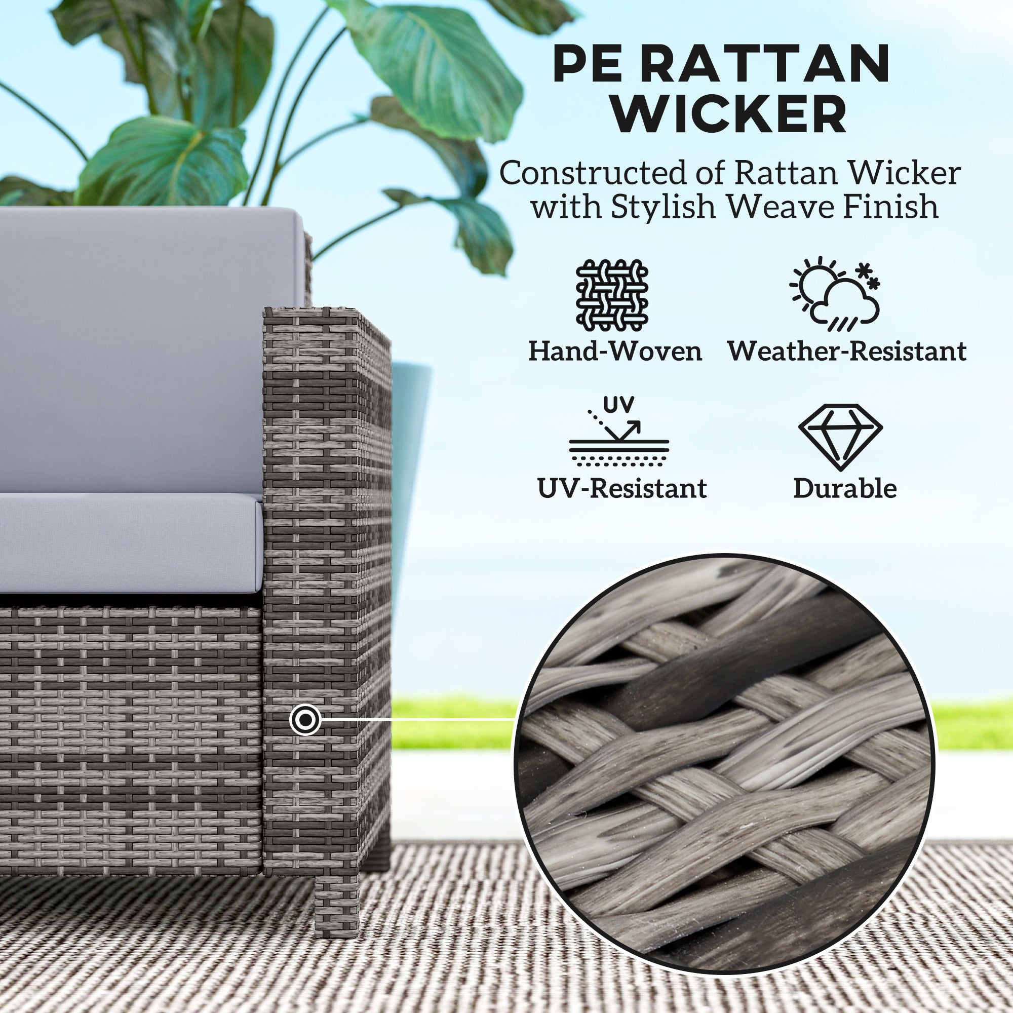 Outsunny 2 Seater Garden Furniture, Rattan Sofa with Soft Padded Cushion and Armrests, Wicker Garden Loveseat for Patio, Mixed Grey