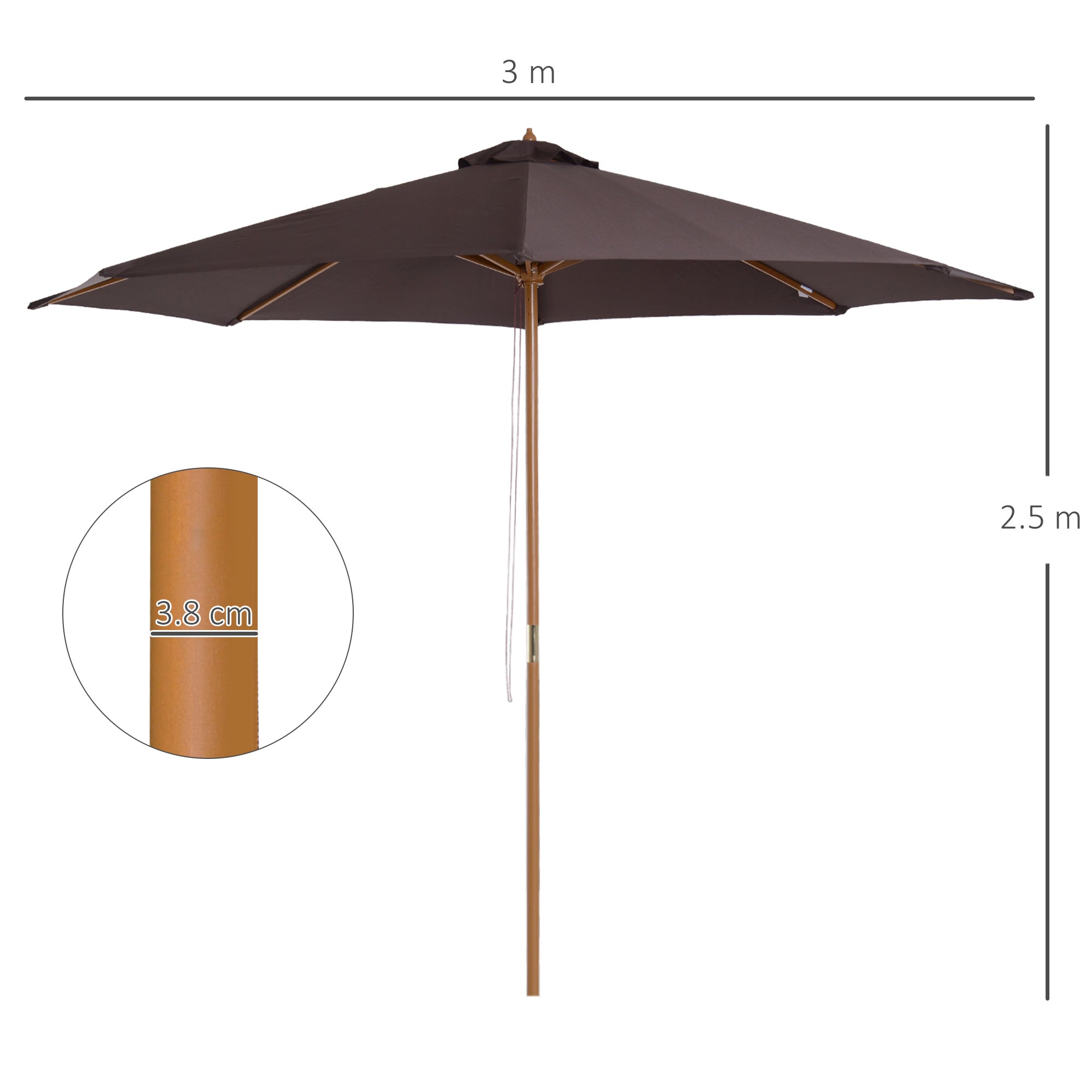 Outsunny 3(m) Garden Parasol, Pulley Operated Patio Umbrella, Wooden Table Market Umbrella with Rope Pulley Mechanism and 8 Ribs, Coffee - North Peak Garden Furniture