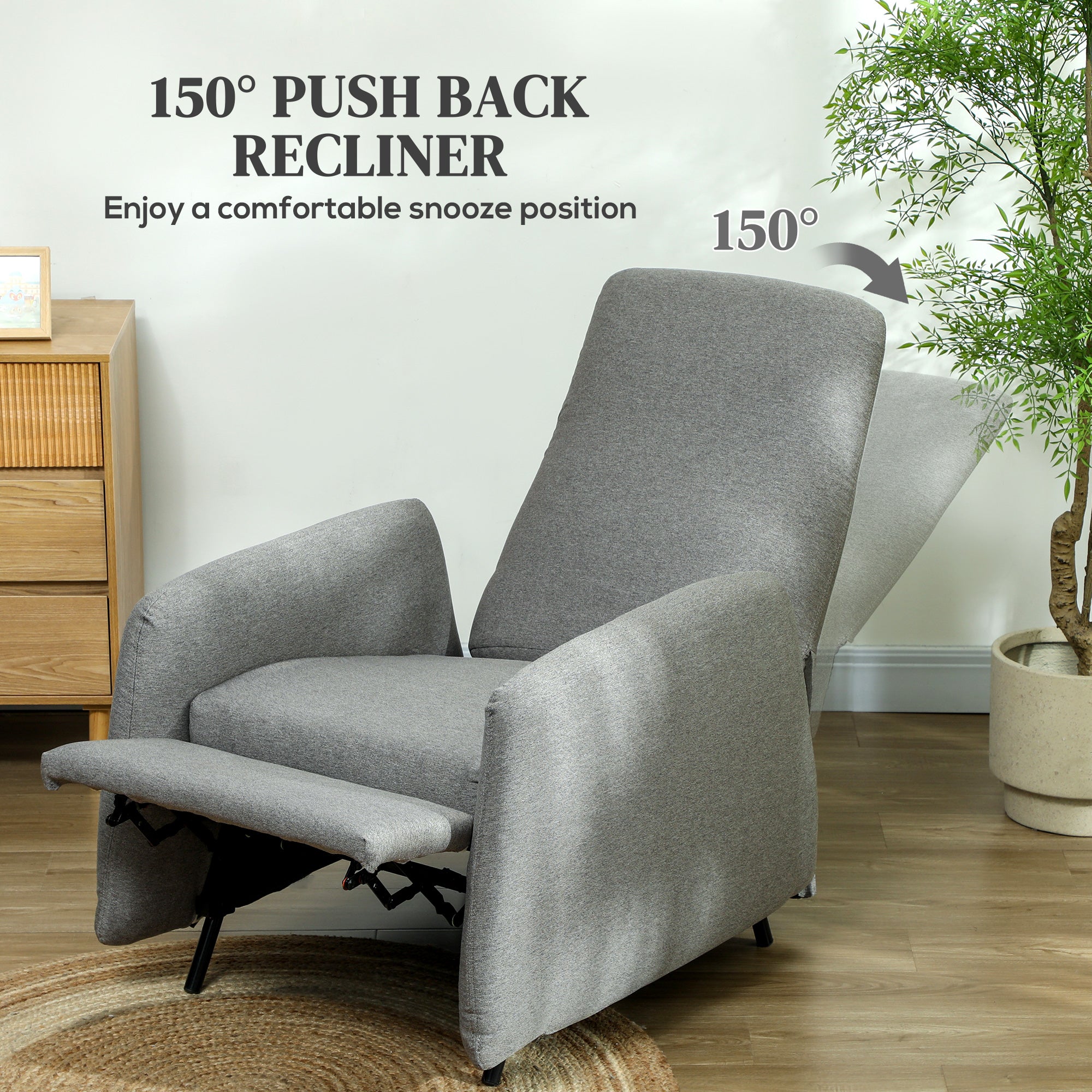 HOMCOM Push Back Recliner Armchair, Fabric High Back Reclining Chair with Adjustable Leg Rest and Pocket Spring Seat for Living Room, Bedroom, Home Office, Grey - North Peak Garden Furniture