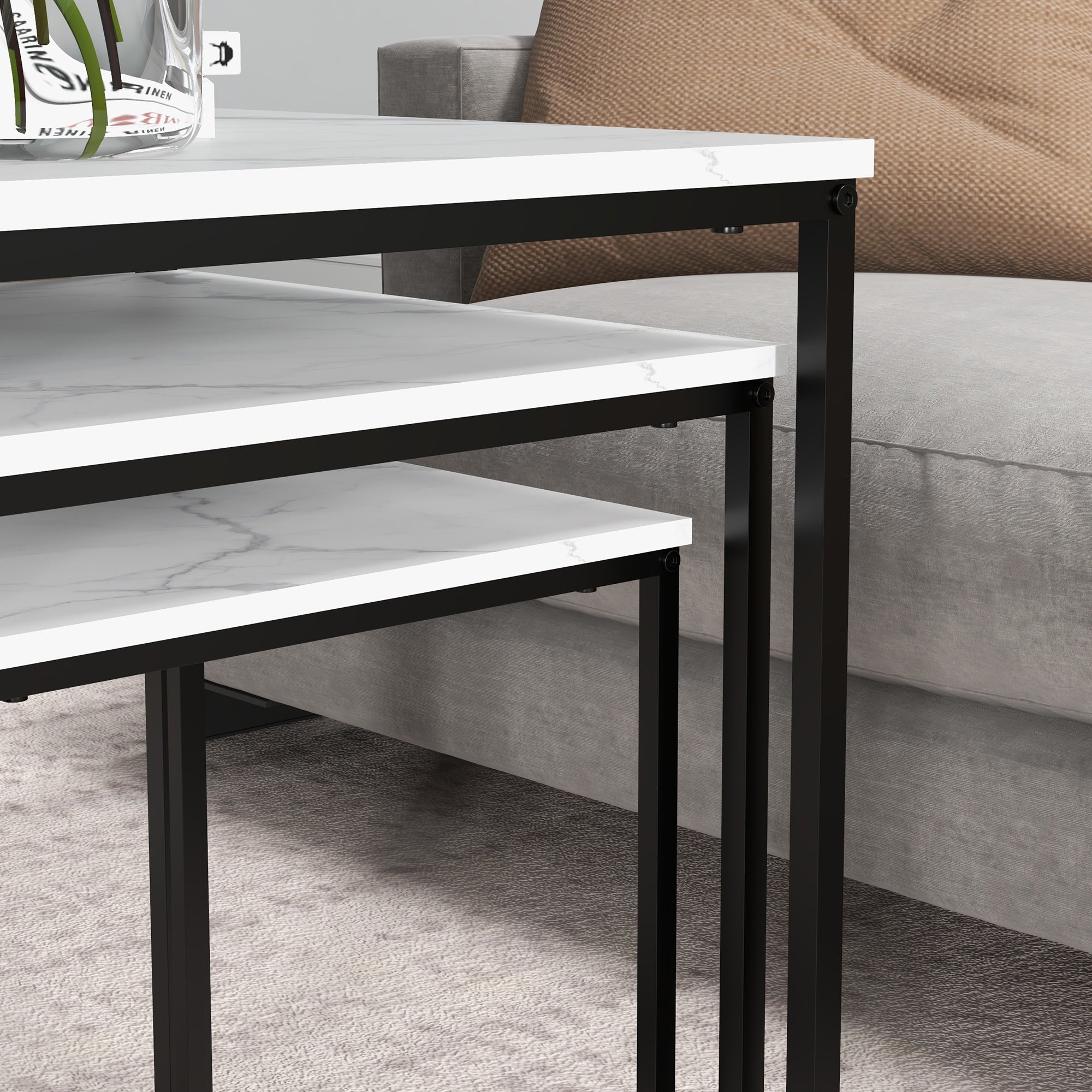 HOMCOM Three Nest of Tables, Marble Effect Finish - North Peak Garden Furniture