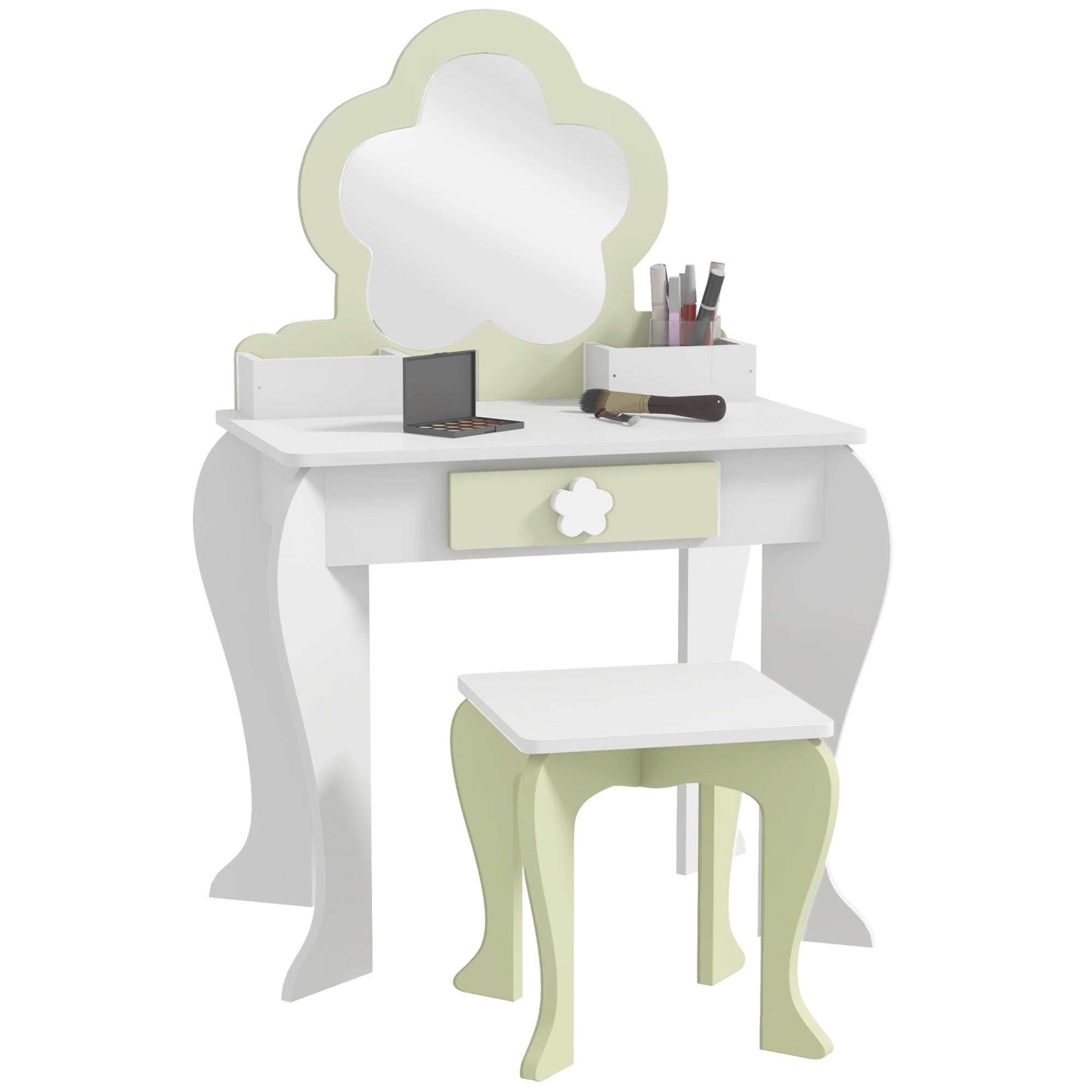 ZONEKIZ Kids Vanity Table with Mirror and Stool, Drawer, Storage Boxes, Flower Design, for Ages 3-6 Years - White - North Peak Garden Furniture