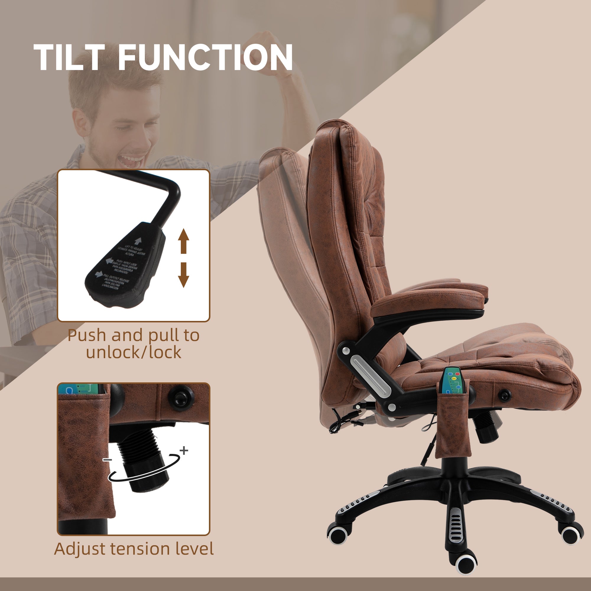 Vinsetto Massage Recliner Chair Heated Office Chair with Six Massage Points Microfiber Cloth 360° Swivel Wheels Brown - North Peak Garden Furniture