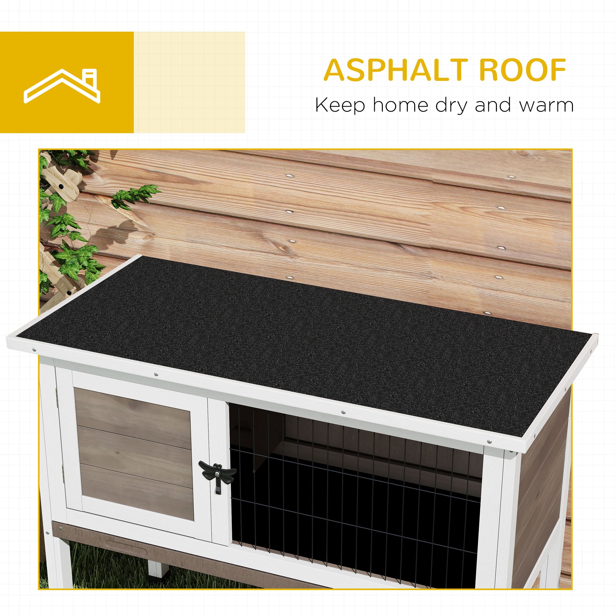 PawHut Wooden Guinea Pig Hutch, Small Animal Cage with Slide-out Tray, Openable Asphalt Roof, 84 x 43 x 70cm, Brown