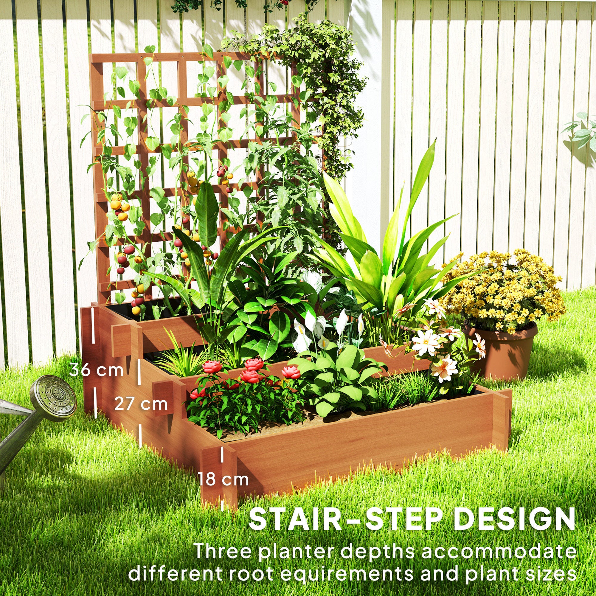 Outsunny 3 Tier Garden Planters with Trellis for Vine Climbing, Wooden Raised Beds, 95x95x110cm, Brown - North Peak Garden Furniture