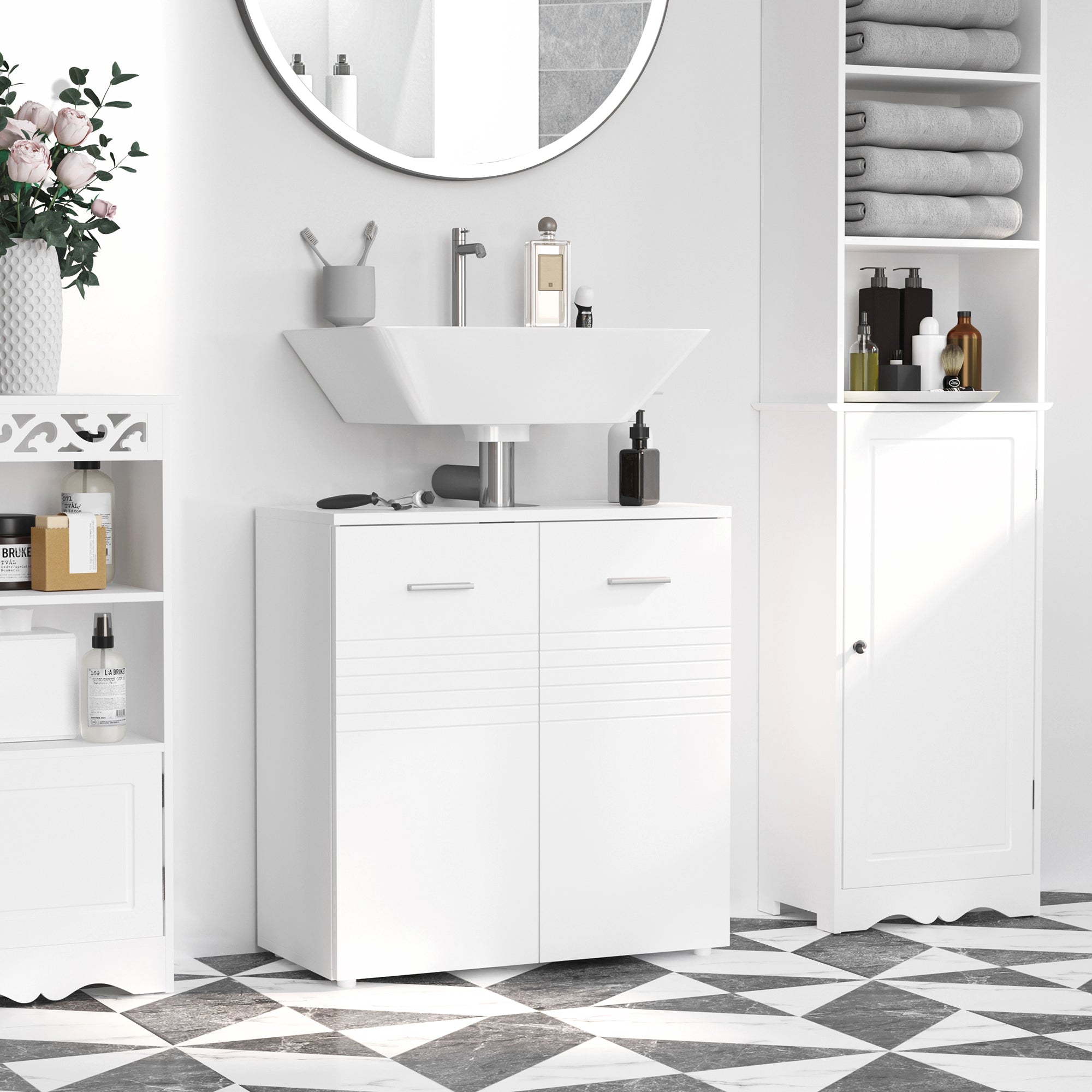 kleankin Under Sink Cabinet, Bathroom Vanity Unit, Pedestal Under Sink Design, Storage Cupboard with Adjustable Shelf, High Gloss, White - North Peak Garden Furniture
