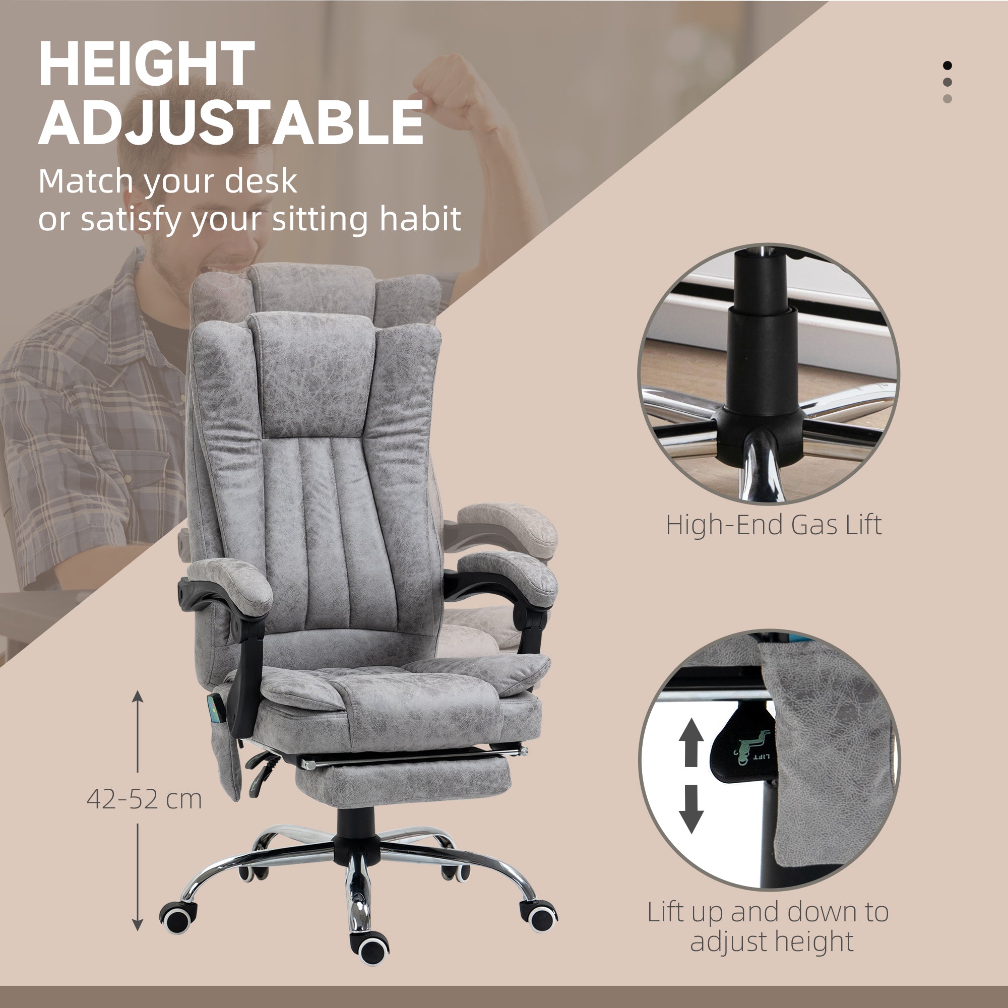 Vinsetto Office Chair with Massage and Heat, Microfibre Reclining Computer Desk Chair with Footrest and Adjustable Height, Swivel Wheels for Home Office, Grey