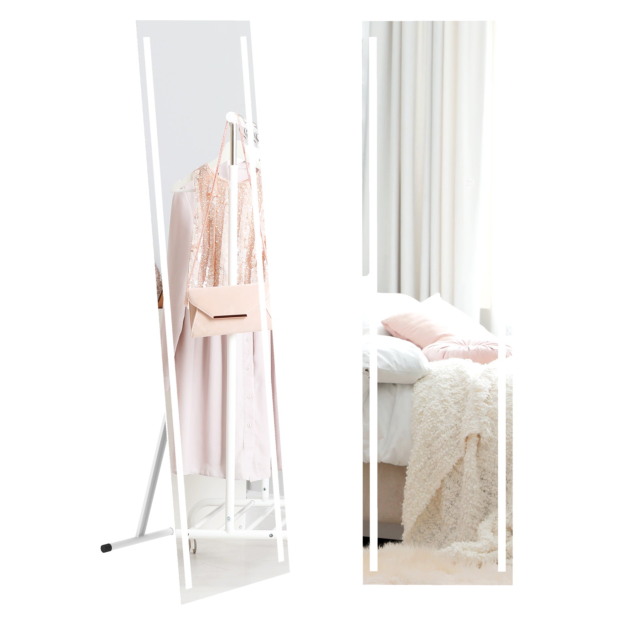 HOMCOM Standing Dressing Mirror with LED Lights, Wall Dressing Mirror for Bedroom with Dimmable and 3 Colour Lighting, White - North Peak Garden Furniture