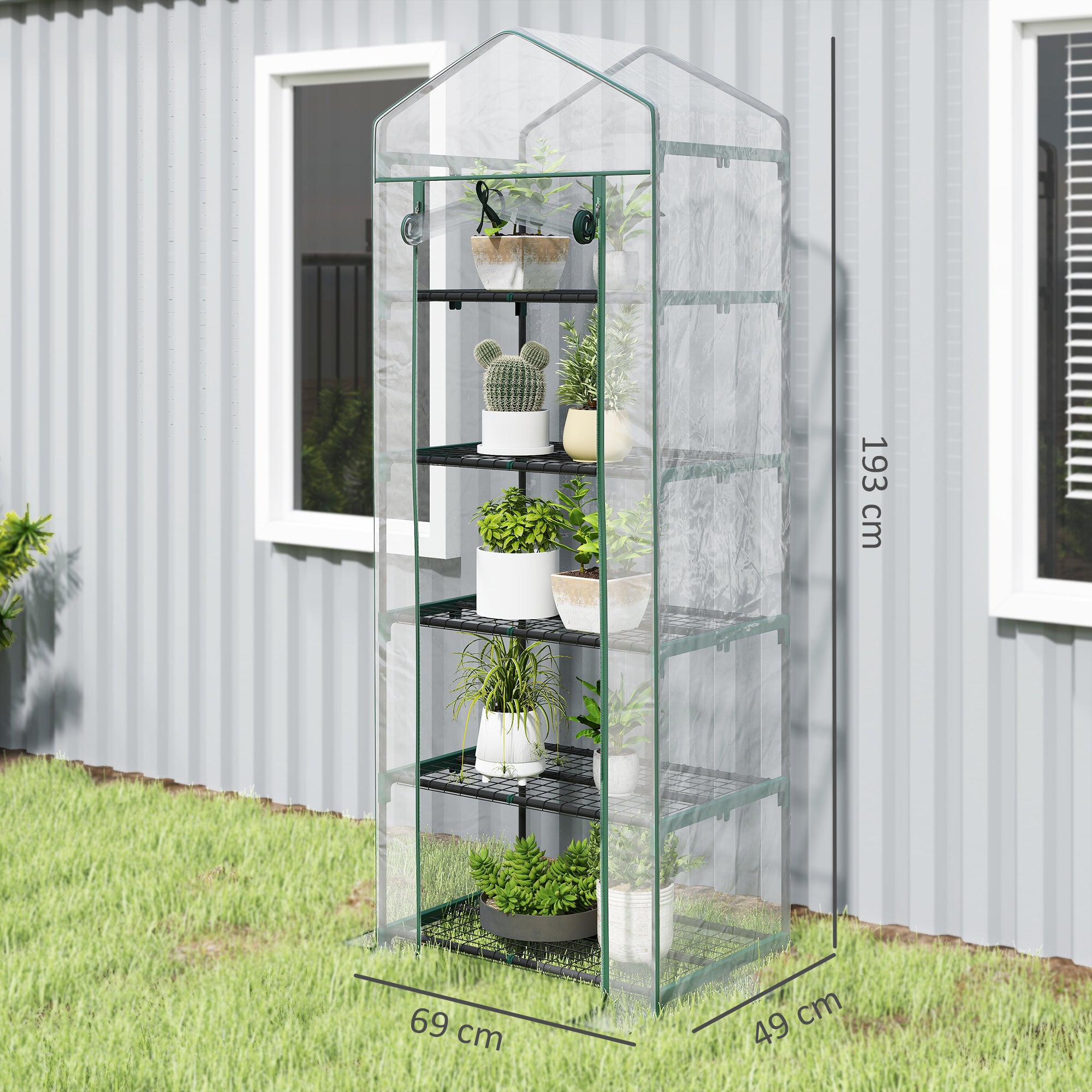 Outsunny 5 Tier Mini Greenhouse Outdoor Flower Stand Green House PVC Cover Portable Shed Metal Frame Transparent 69 x 49 x 193cm