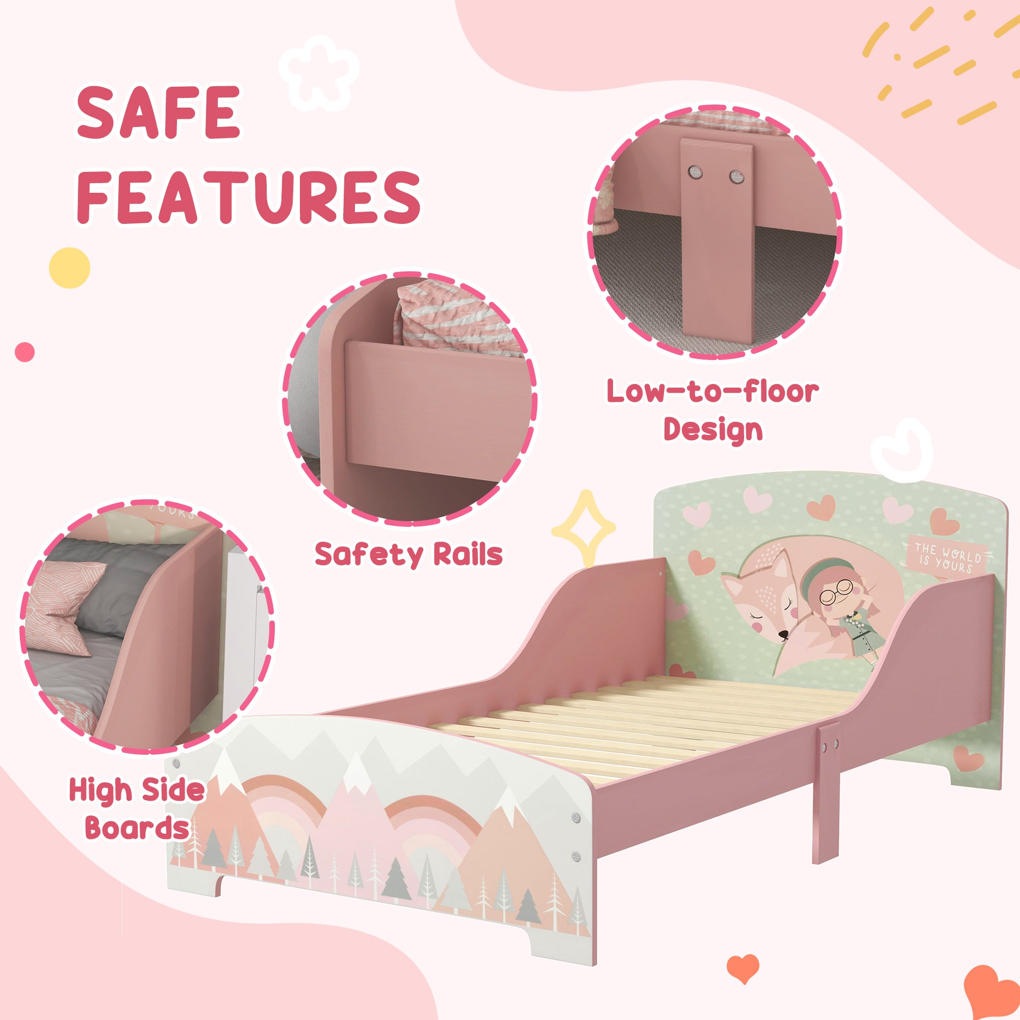 ZONEKIZ Toddler Bed Frame, Kids Dressing Table with Mirror and Stool, Cute Animal Design Kids Bedroom Furniture Set for Ages 3-6 Years, Pink - North Peak Garden Furniture