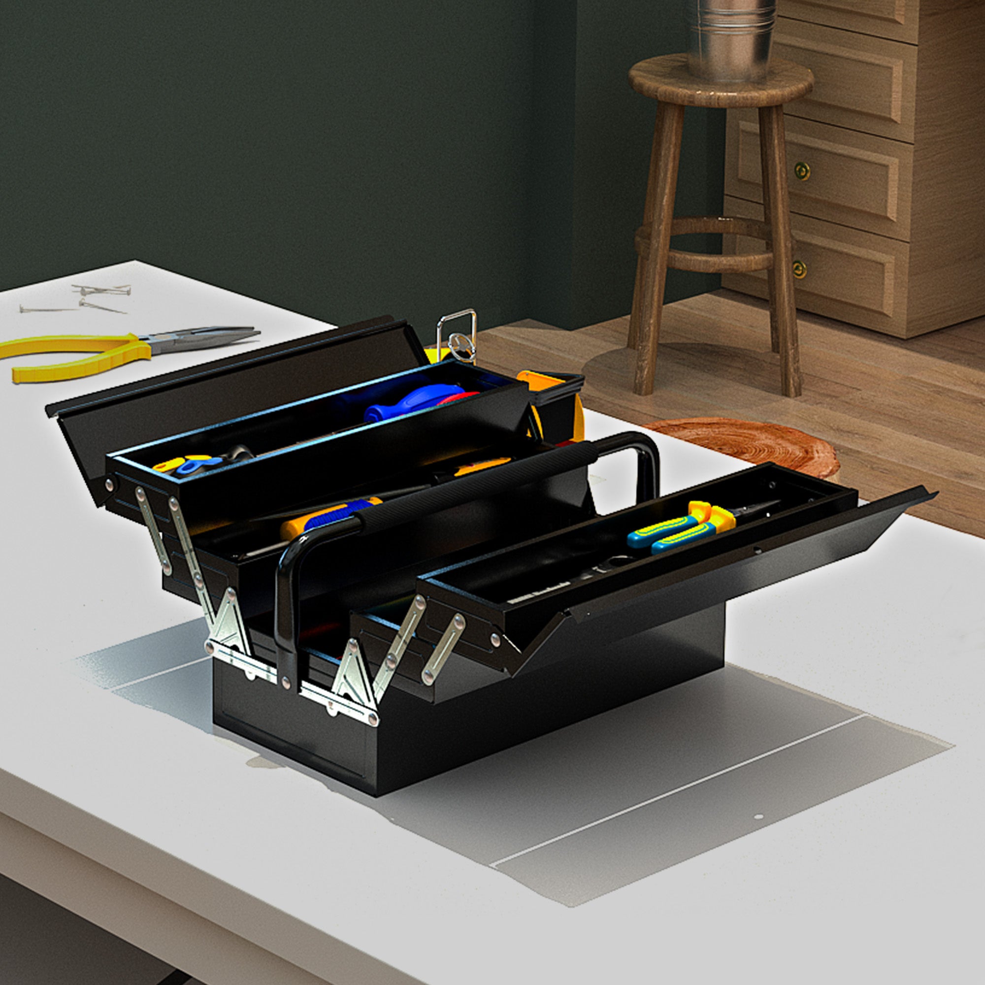 DURHAND 3 Tier Metal Toolbox, 5 Tray Professional Portable Tool Box with Carry Handle for Workshop, 45cmx20cmx34.5cm, Black - North Peak Garden Furniture