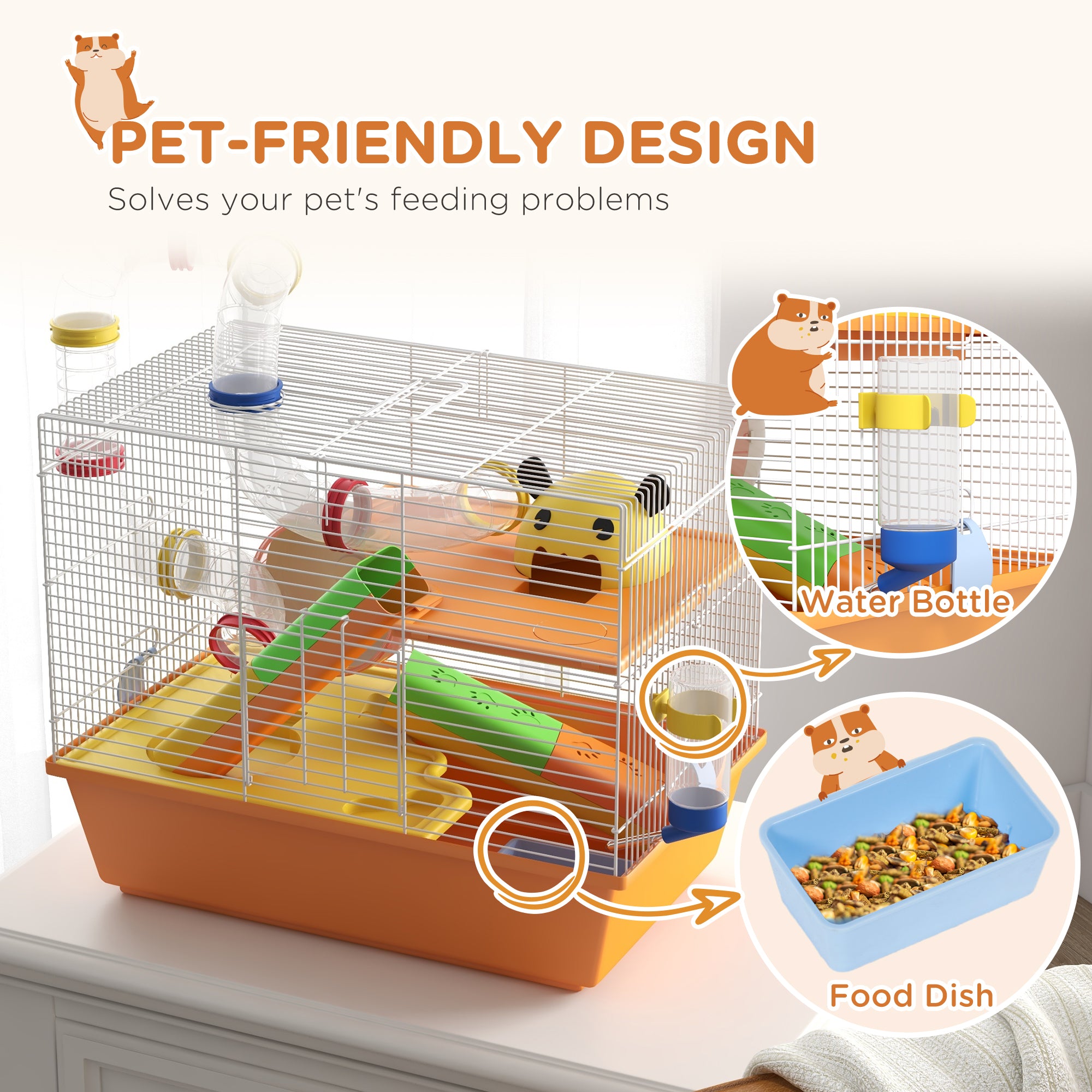 PawHut 3 Tiers Gerbil Cage, Hamster Cage with Tubes, Exercise Wheel, Ladder, Top Handle, 45 x 28 x 37cm - Orange - North Peak Garden Furniture