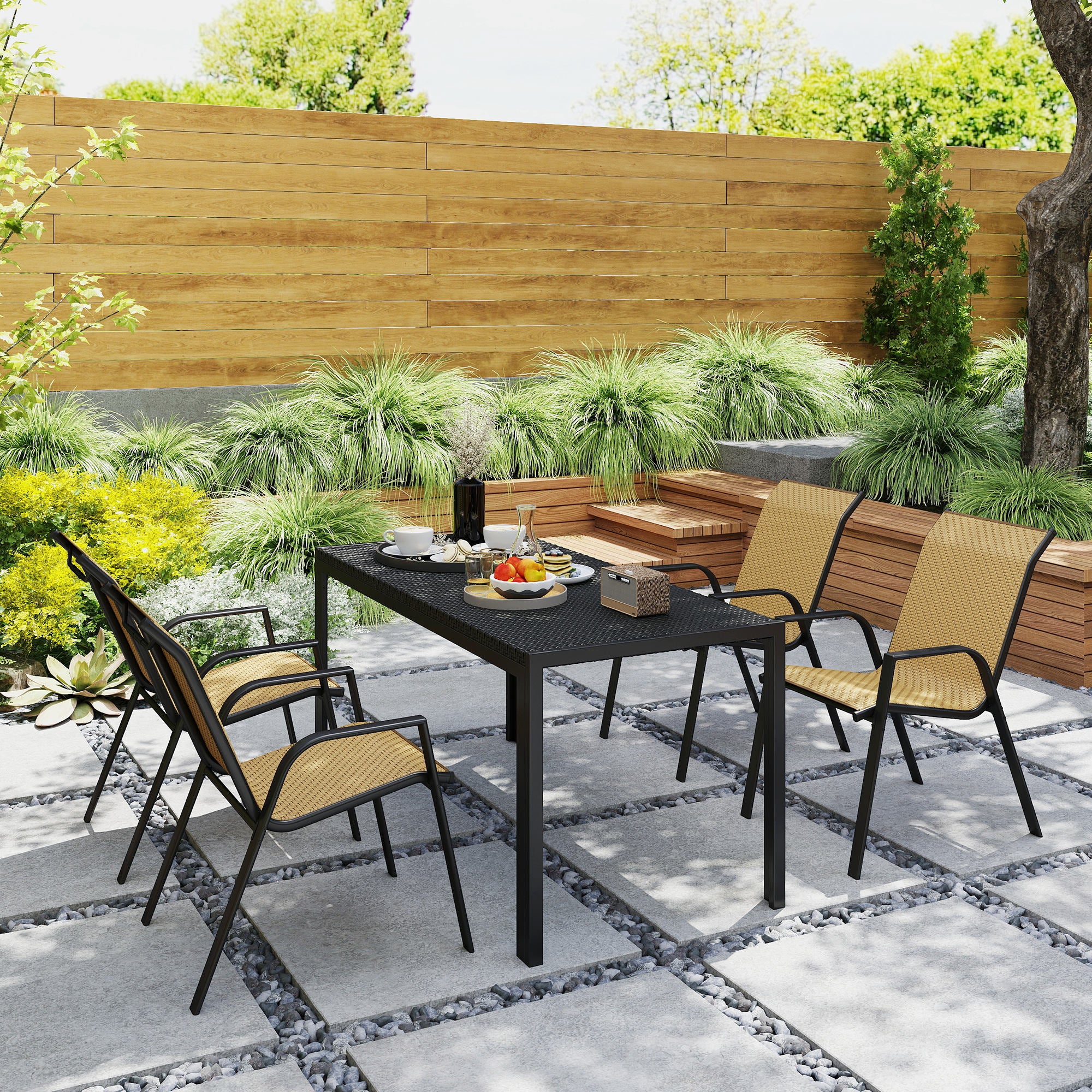 Outsunny Four-Piece Stacking Rattan Garden Seat Set - Khaki - North Peak Garden Furniture