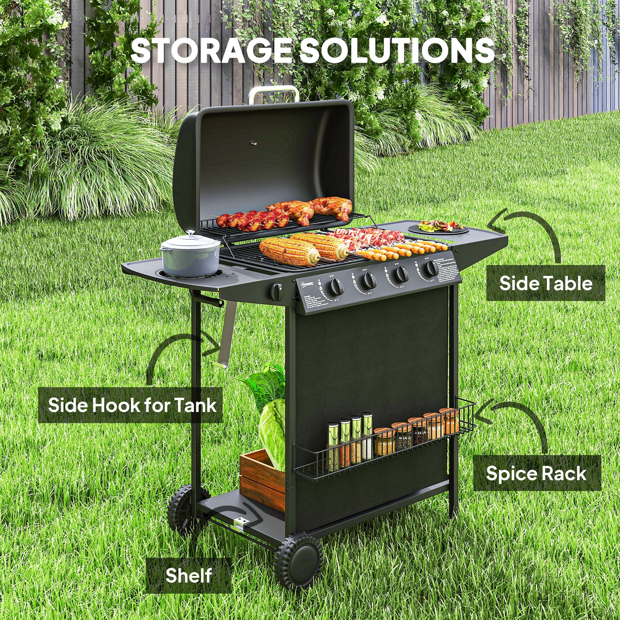 Outsunny 4+1 Burner Gas BBQ Grill, Portable Gas Barbecue Grill with Built-in Thermometer, Lid, Side Table, Shelf, Spice Rack, Wheels, Grease Cup for Garden Party Outdoor Cooking, Black - North Peak Garden Furniture