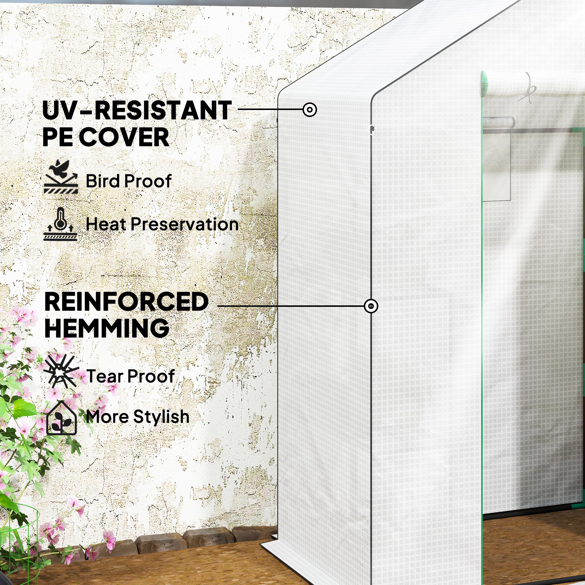 Outsunny Walk-in Greenhouse with 3 Tier 4 Shelves, Small Greenhouse with Reinforced PE Cover, Garden Plant Growhouse with Roll-up Door and Three Mesh Windows, 143 x 74 x 190 cm, White