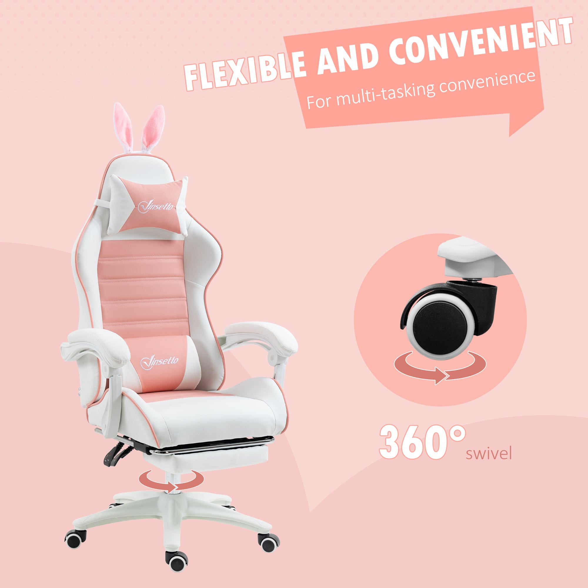 Vinsetto Racing Gaming Chair, Reclining PU Leather Computer Chair with Removable Rabbit Ears, Footrest, Headrest and Lumber Support, Pink - North Peak Garden Furniture
