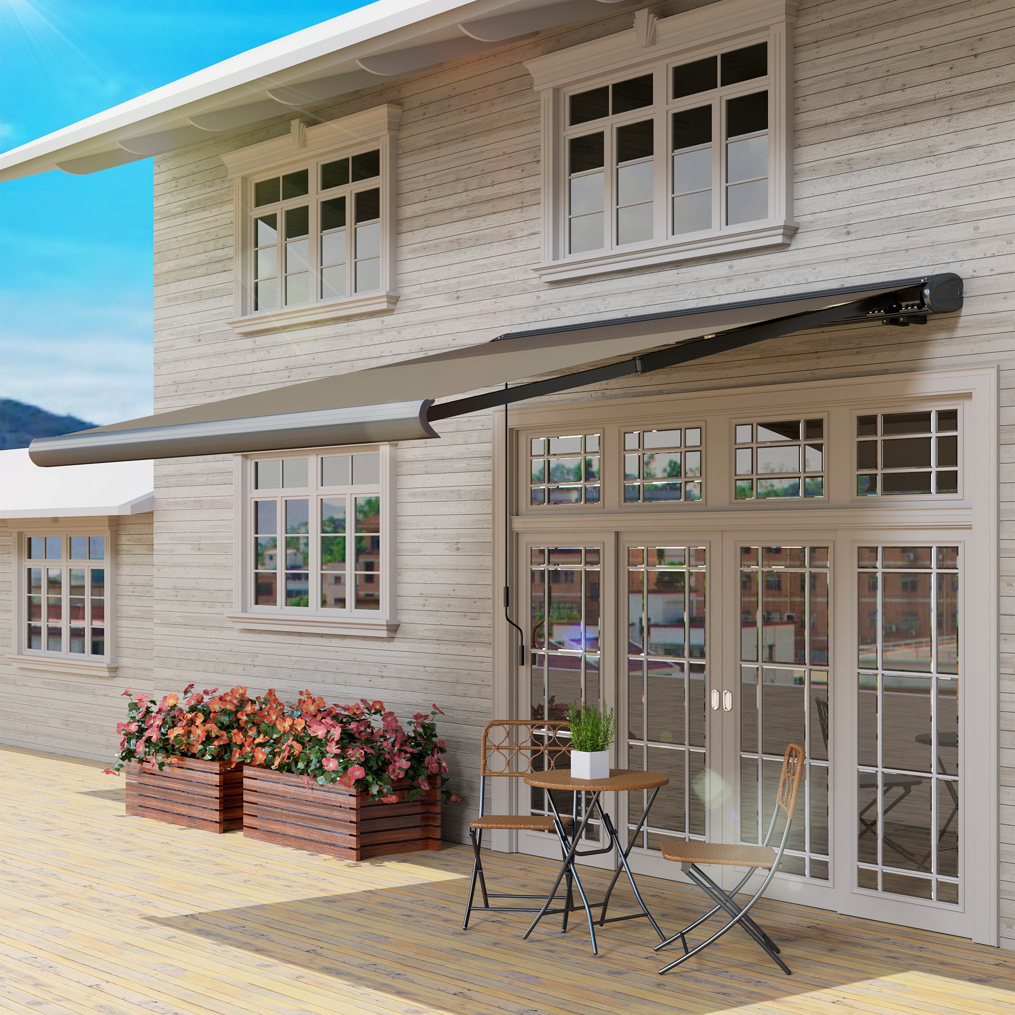 Outsunny 3 x 2.5 m Electric Awning with Remote Controller, Aluminium Frame DIY Retractable Awning, UV50+ Sun Shade Canopy for Garden Patio Deck Door Window, Light Grey - North Peak Garden Furniture