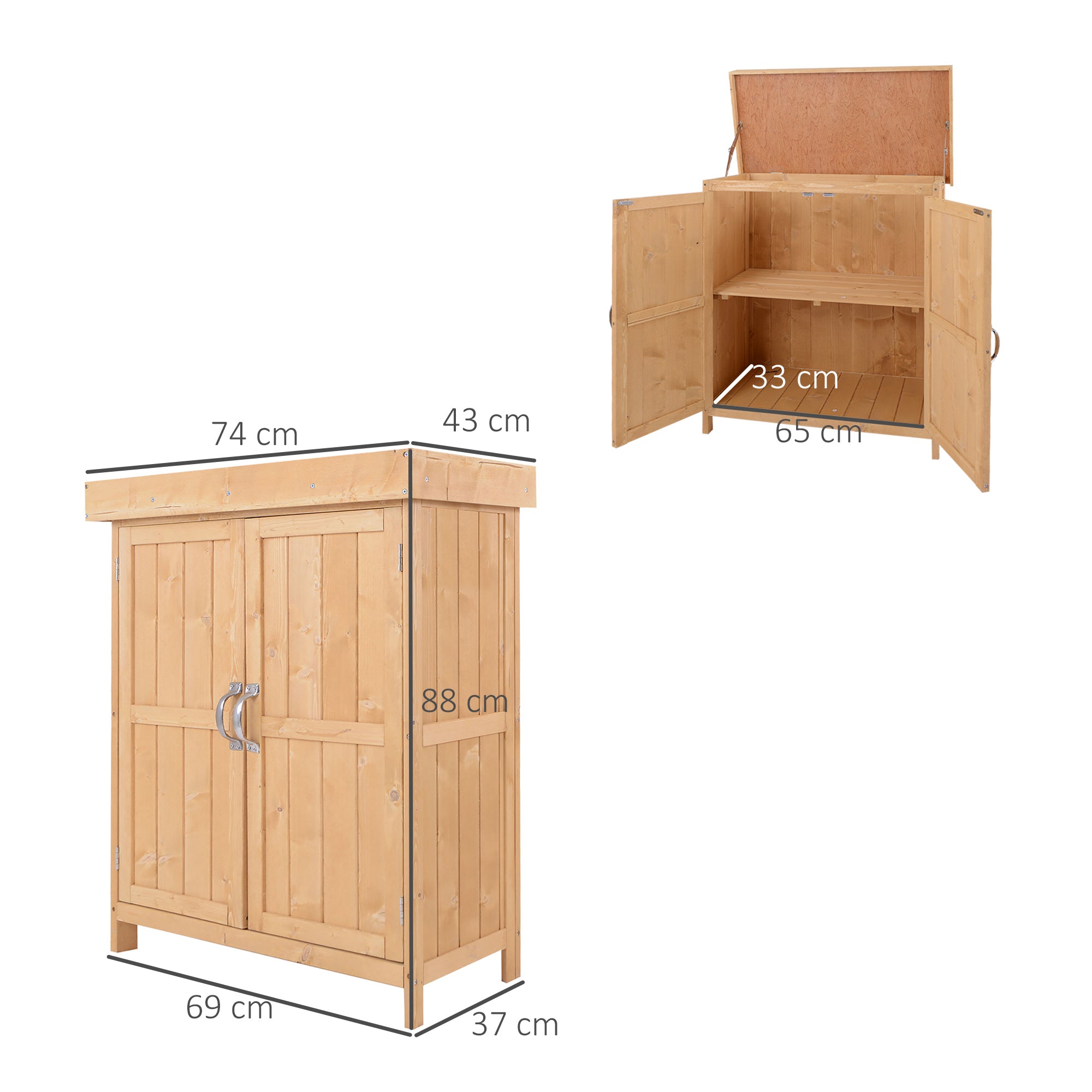 Outsunny Wooden Garden Storage Shed with Hinged Roof and Shelves, Outdoor Storage Cabinet Chest, Double Doors, 74 x 43 x 88cm, Burlywood - North Peak Garden Furniture