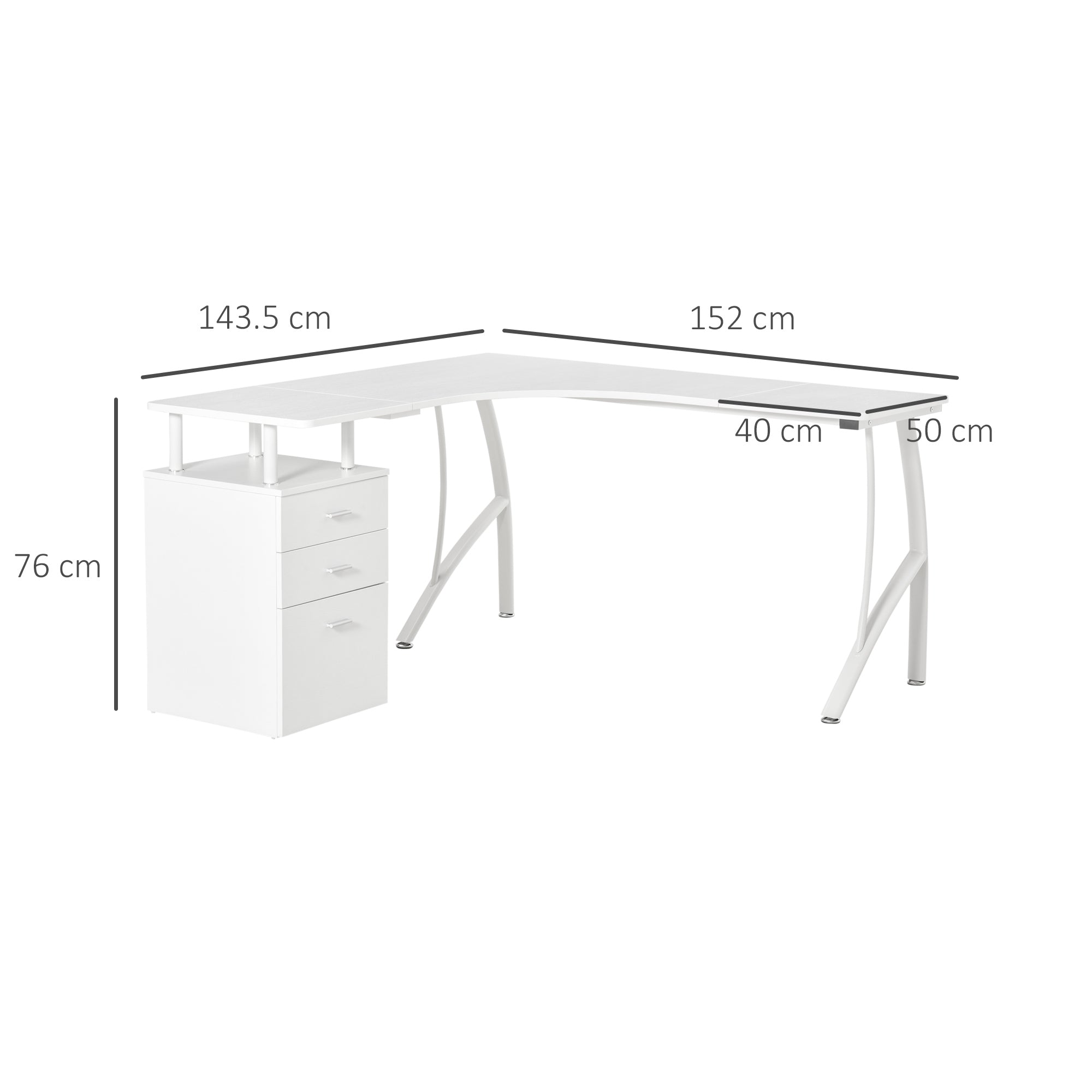 HOMCOM L-Shaped Computer Desk Table with Storage Drawer Home Office Corner Industrial Style Workstation for A4 Files 152 x 143.5 x 76cm, White